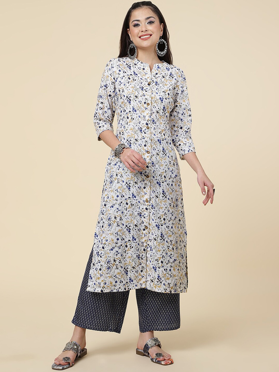 

CLEMIRA Floral Printed Mandarin Collar Straight Kurta & Palazzo With Dupatta, White
