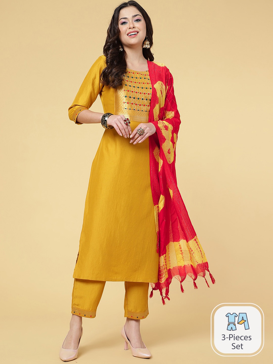 

CLEMIRA Ethnic Motifs Yoke Design Silk Chiffon Straight Kurta With Salwar & Dupatta, Mustard