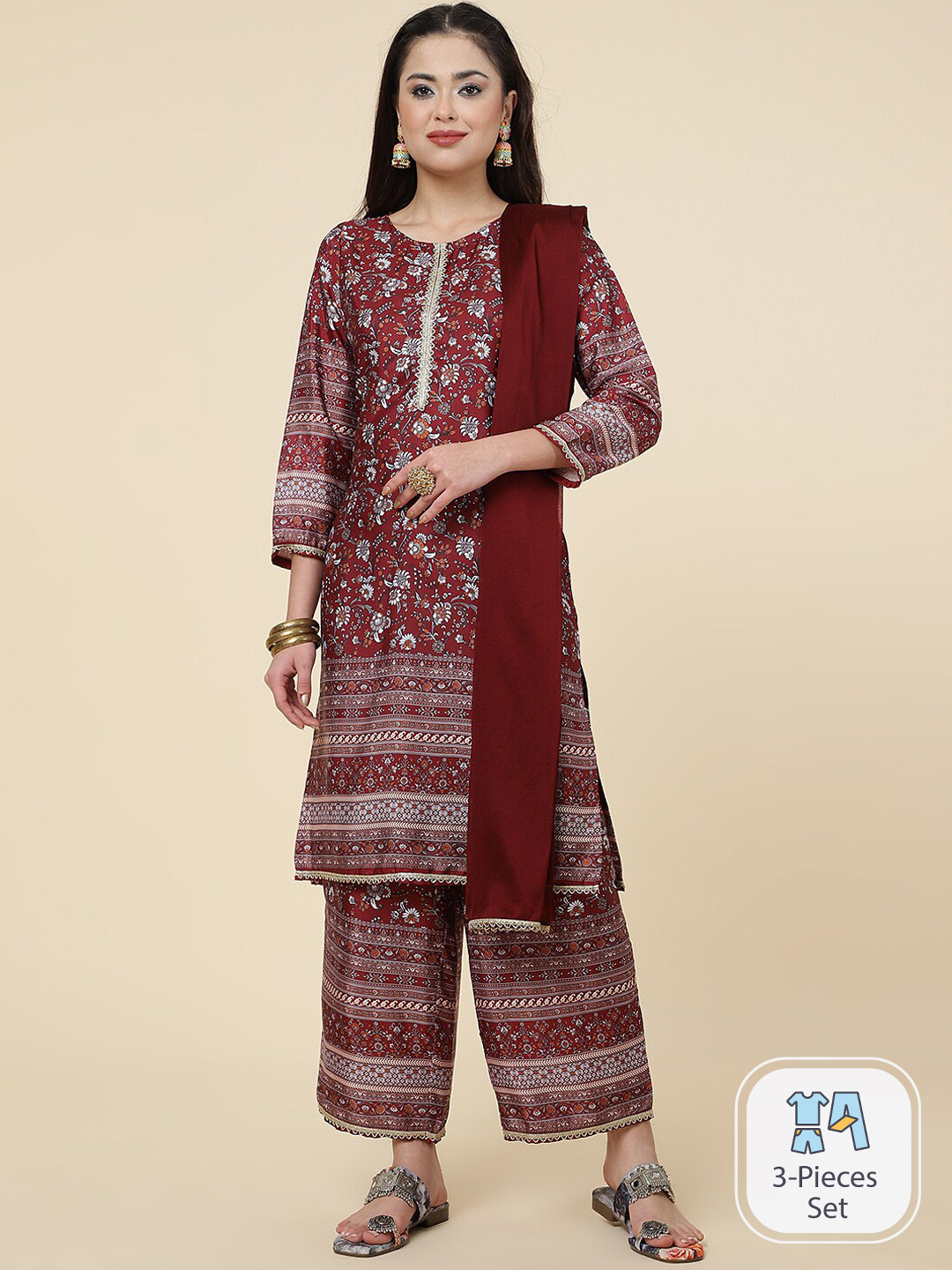 

CLEMIRA Floral Printed Gotta Patti Silk Crepe Kurta & Palazzos With Dupatta, Maroon