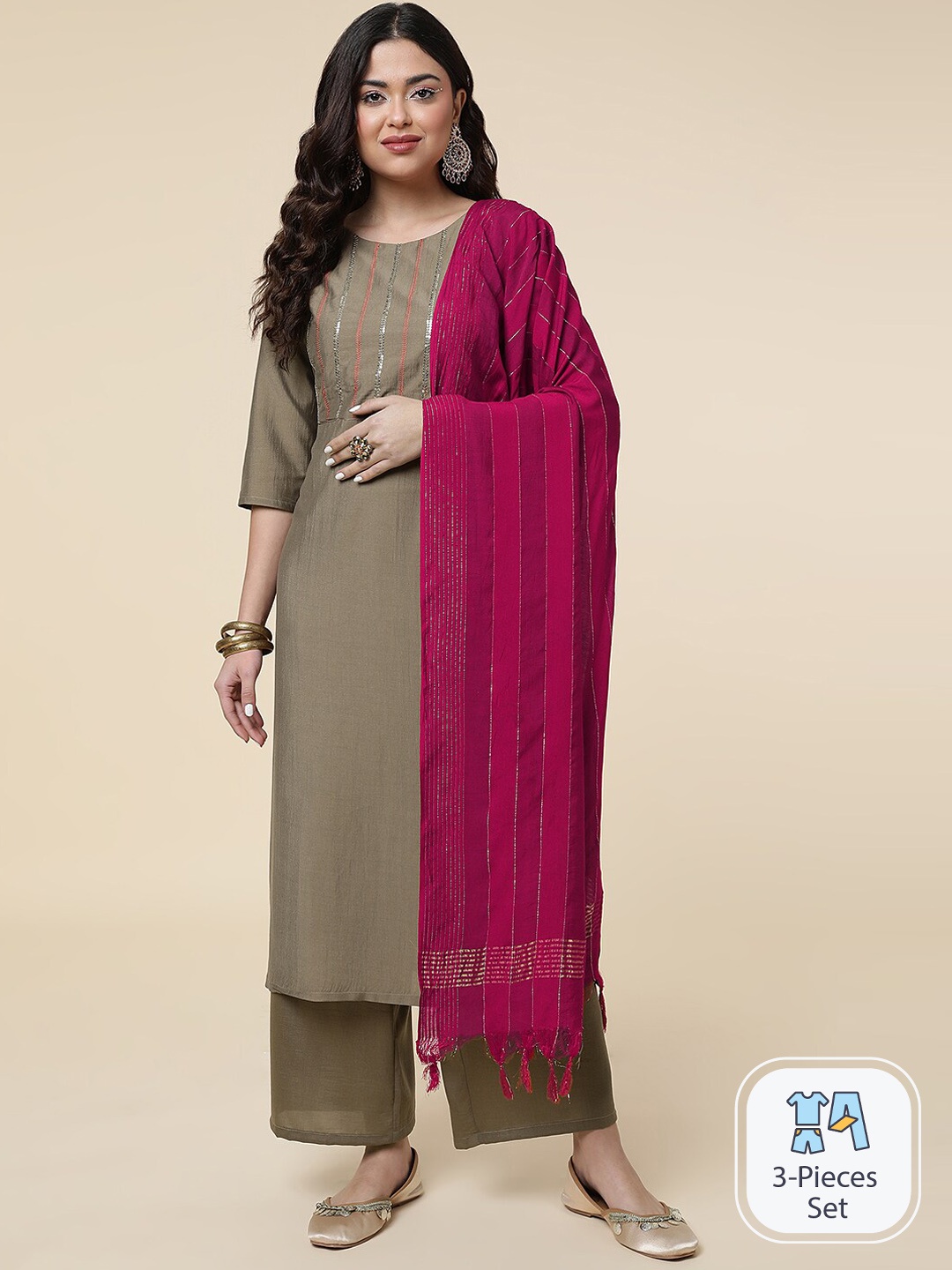 

CLEMIRA Ethnic Motifs Yoke Design Sequinned Silk Chiffon Kurta with Palazzos & Dupatta, Olive