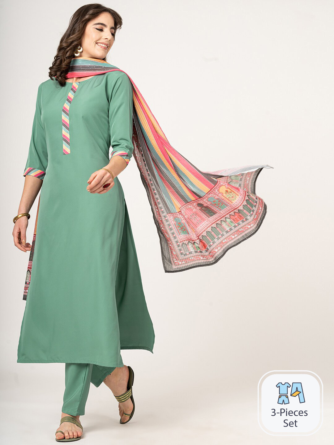 

CLEMIRA Round Neck Straight Kurta with Trousers & With Dupatta, Green