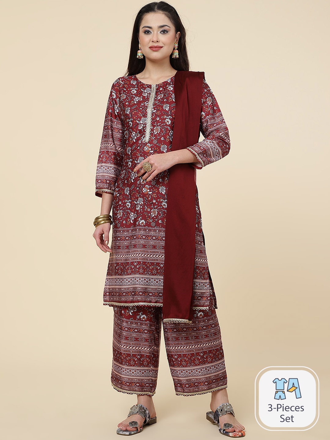 

CLEMIRA Floral Printed Regular Kurta with Palazzos & Dupatta, Maroon