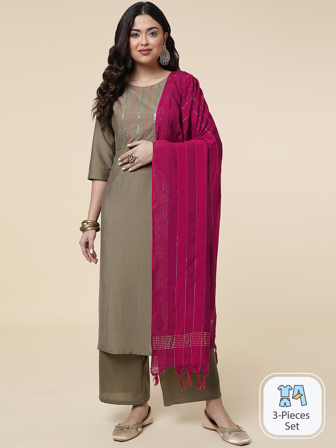 

CLEMIRA Ethnic Motifs Yoke Design Sequinned Silk Chiffon Kurta with Salwar & Dupatta, Olive