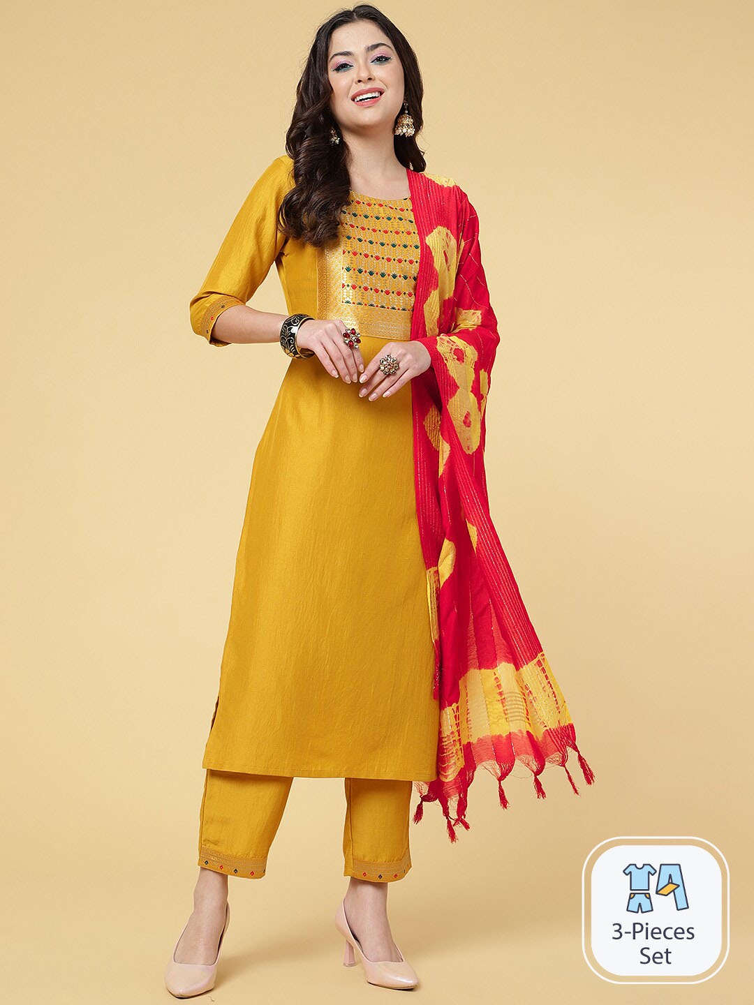 

CLEMIRA Ethnic Motifs Yoke Design Zari Kurta With Trousers & Dupatta, Mustard