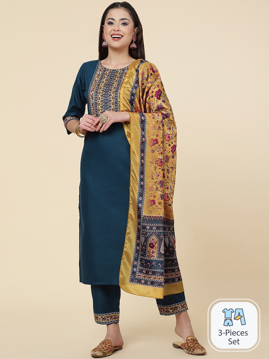 

CLEMIRA Floral Printed Yoke Design Kurta With Trousers & Dupatta, Navy blue