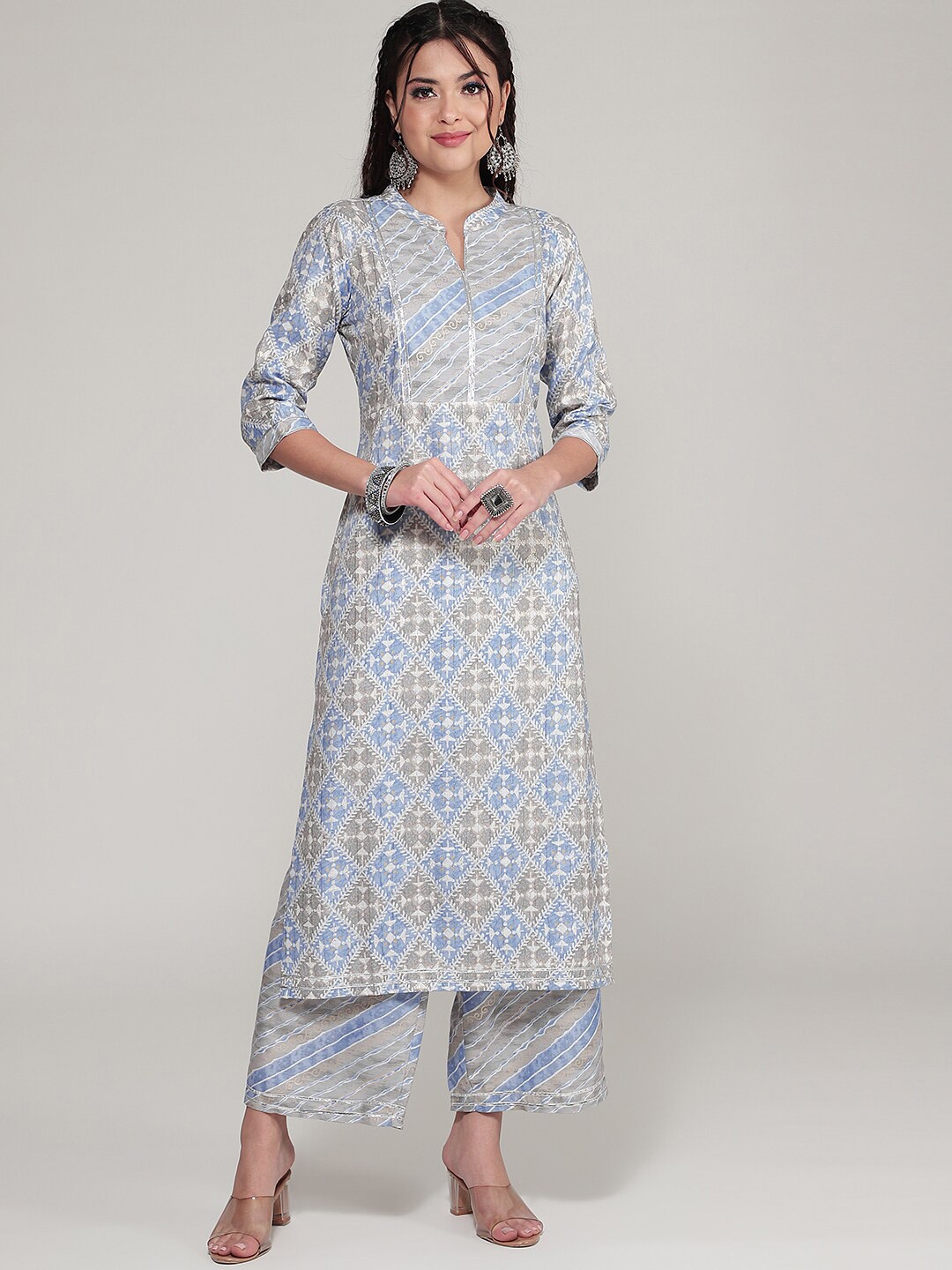 

CLEMIRA Ethnic Motifs Printed Regular Gotta Patti Kurta with Palazzos, Grey