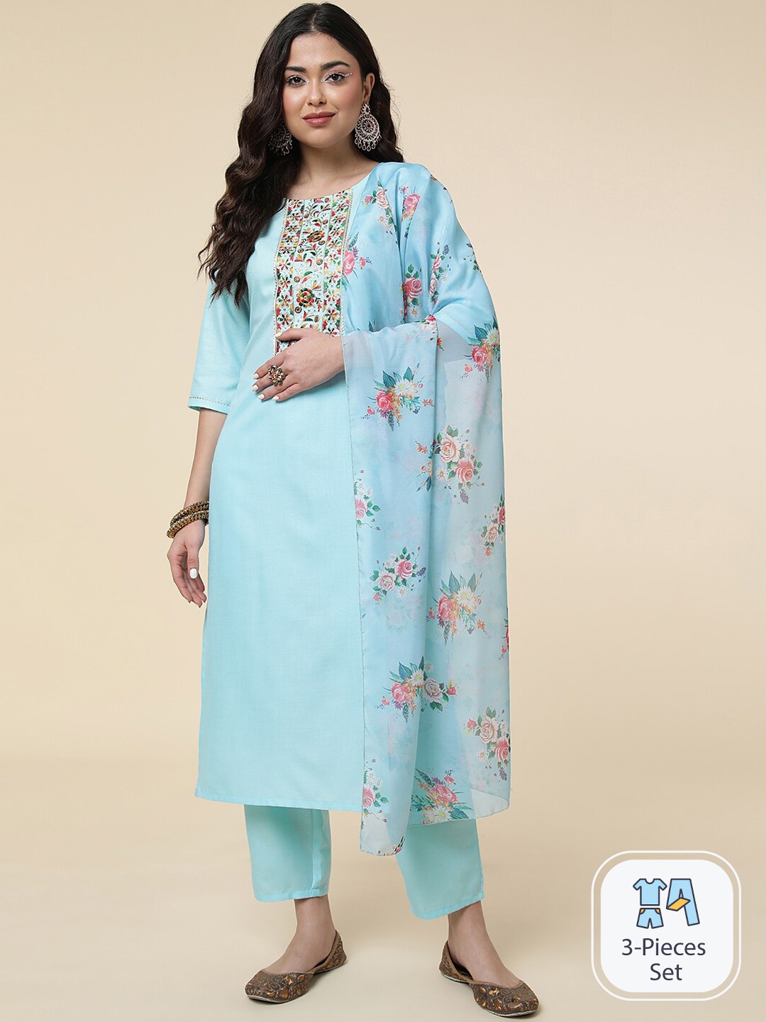 

CLEMIRA Floral Embroidered Regular Gotta Patti Kurta With Trousers & With Dupatta, Turquoise blue