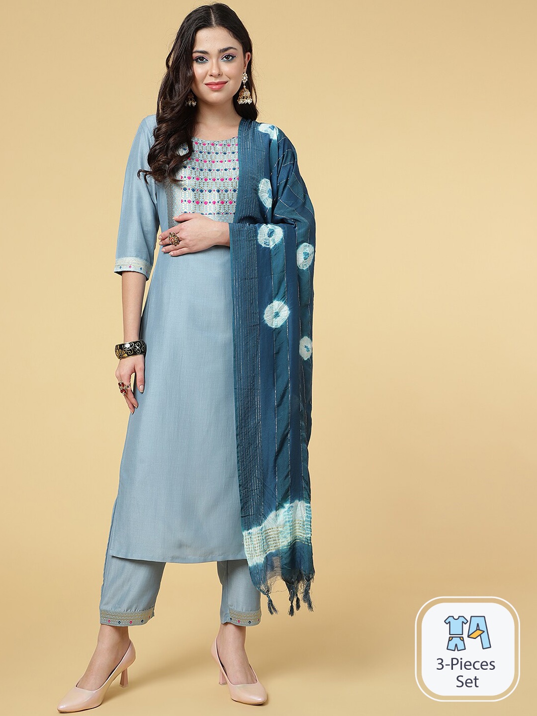 

CLEMIRA Silk Chiffon Straight Kurta With Salwar & Dupatta, Grey