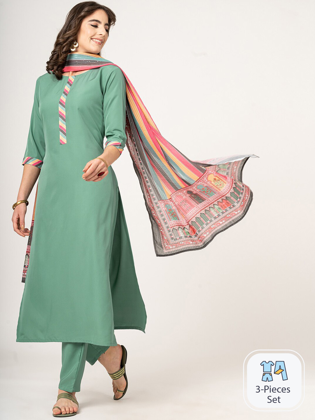 

CLEMIRA Striped Yoke Design Straight Kurta With Trousers & Dupatta, Fluorescent green