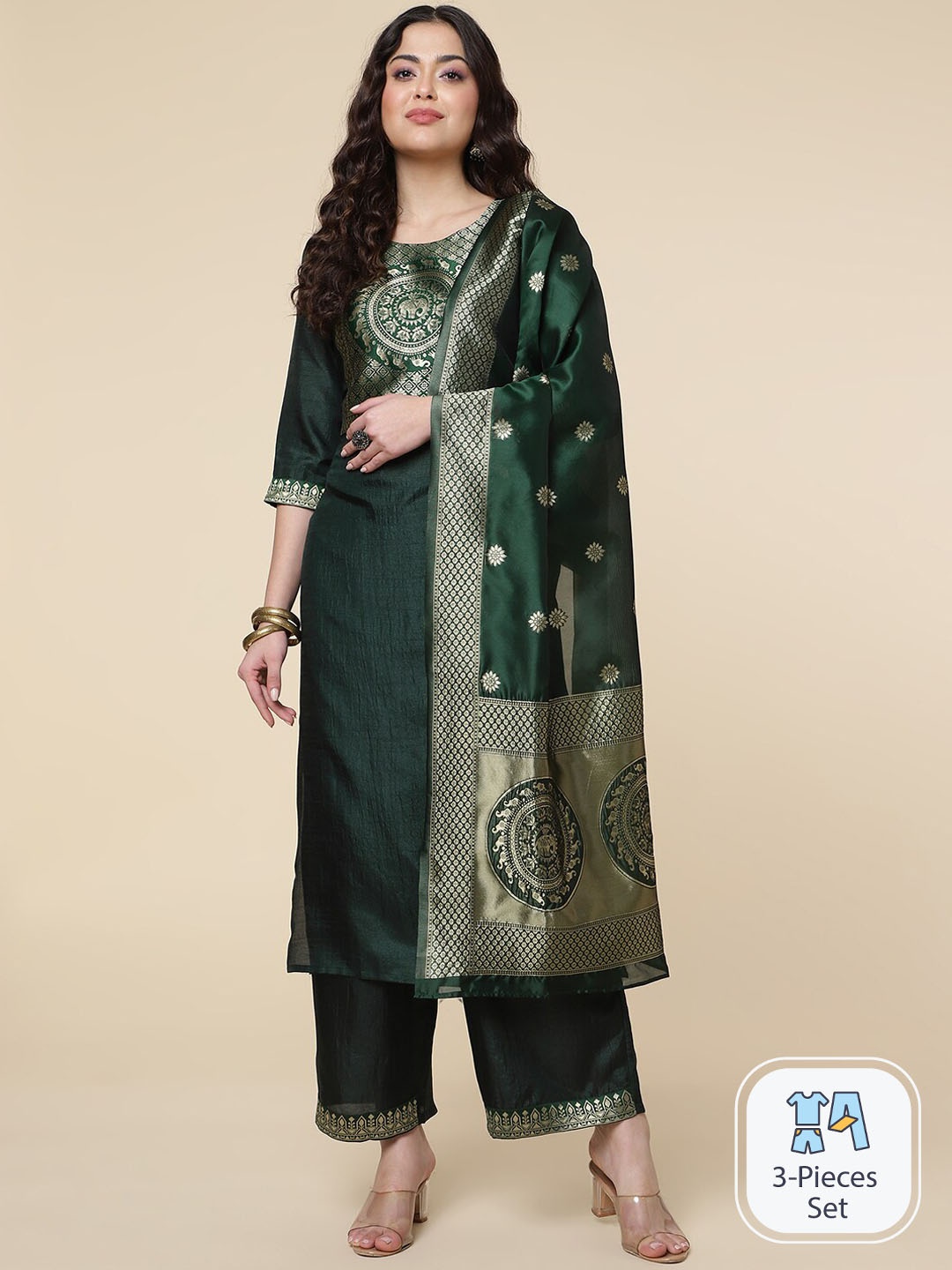

CLEMIRA Ethnic Motifs Yoke Design Zari Kurta with Salwar & With Dupatta, Green