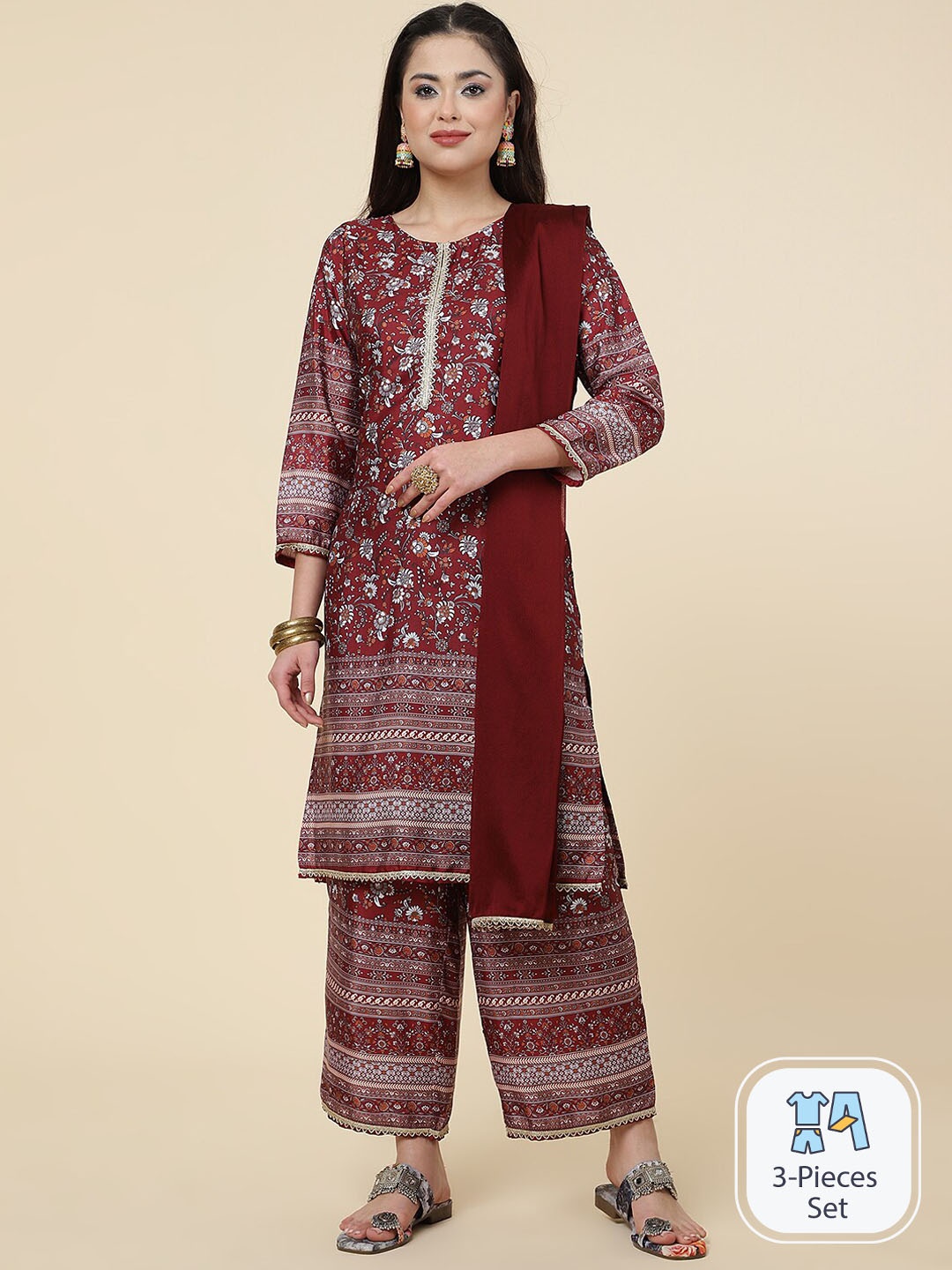 

CLEMIRA Floral Printed Straight Kurta With Salwar & Dupatta, Maroon