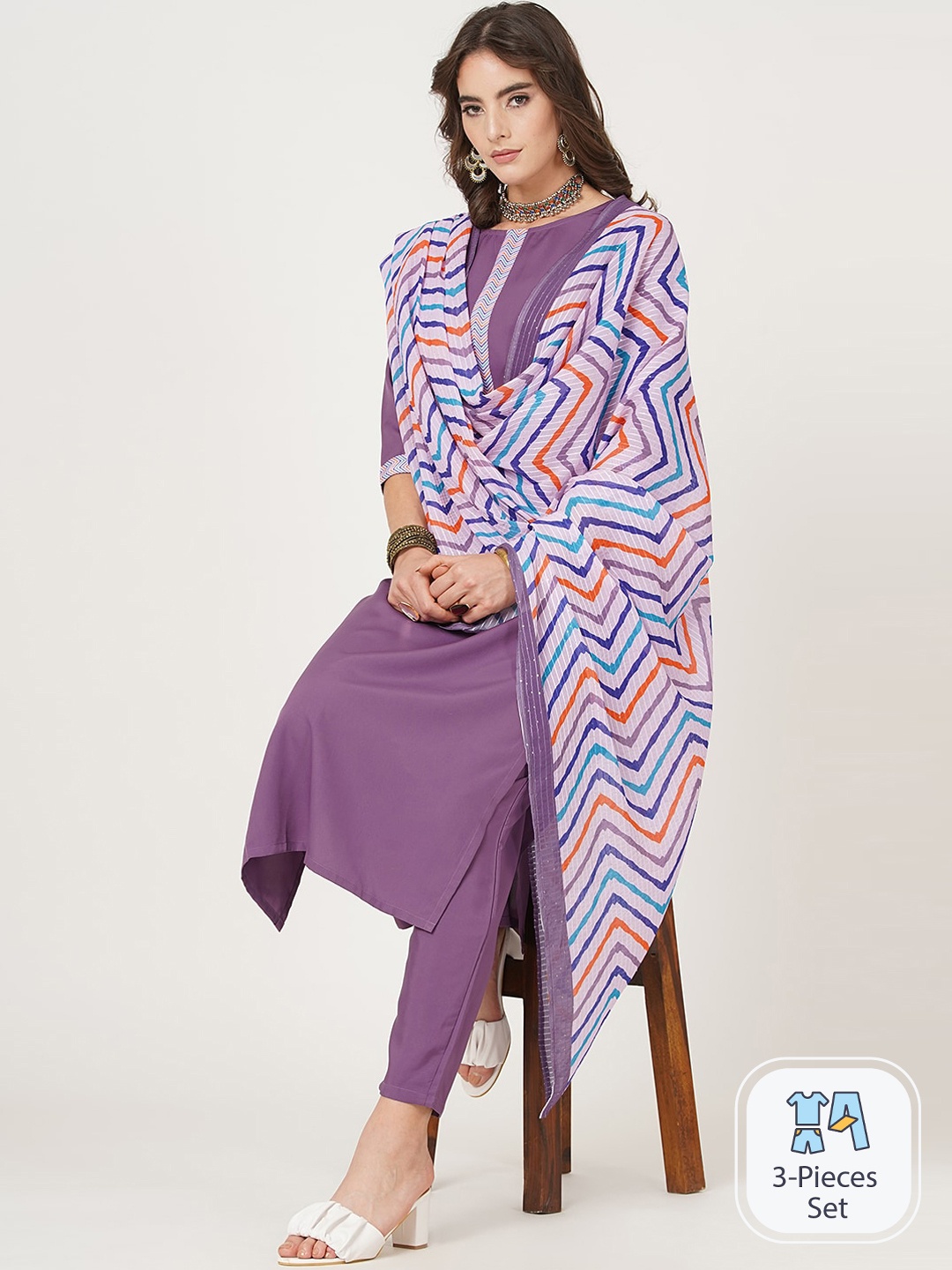 

CLEMIRA Regular Kurta with Trousers & With Dupatta, Lavender