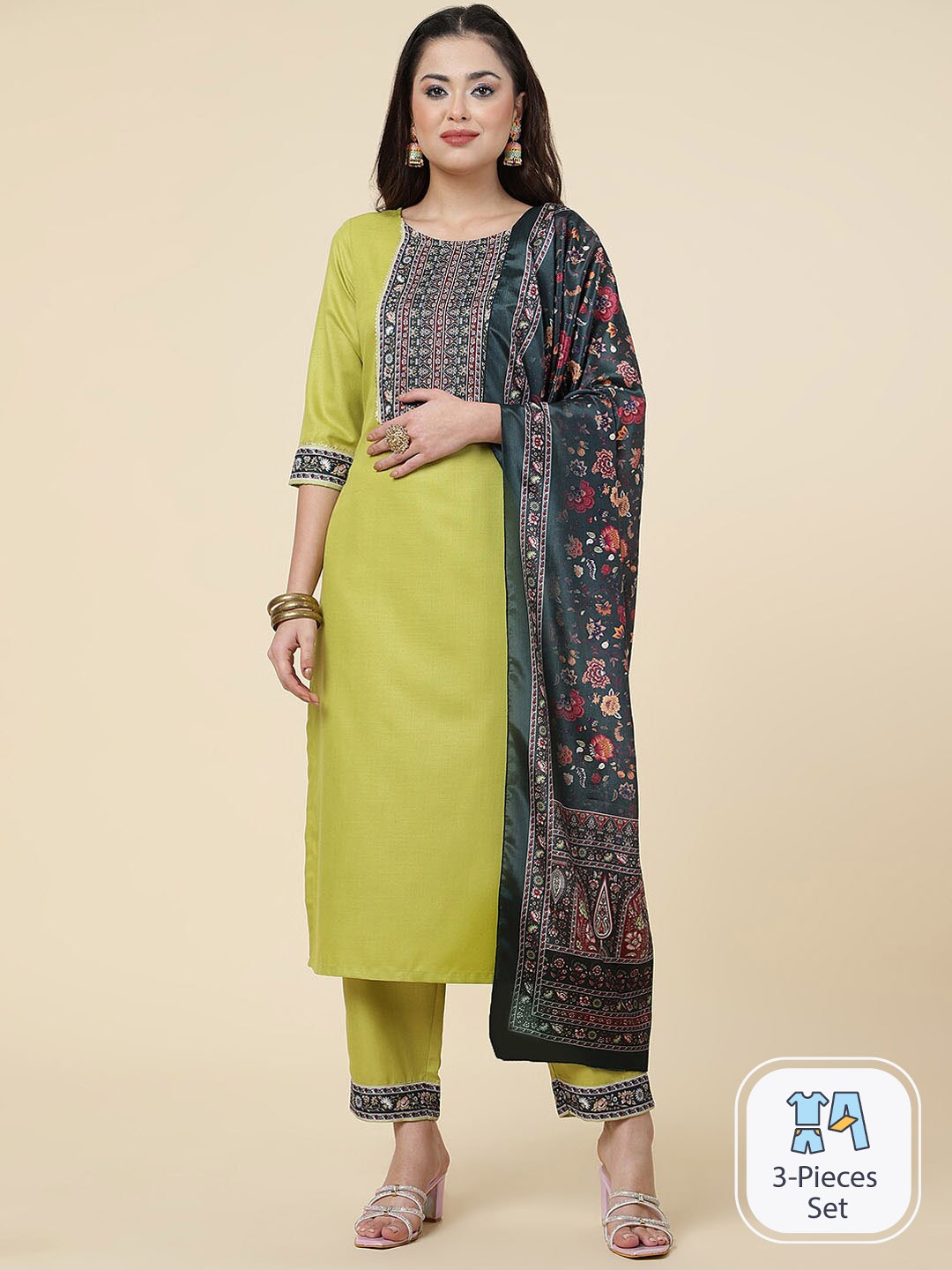 

CLEMIRA Ethnic Motifs Yoke Design Regular Gotta Patti Kurta with Trousers & With Dupatta, Lime green
