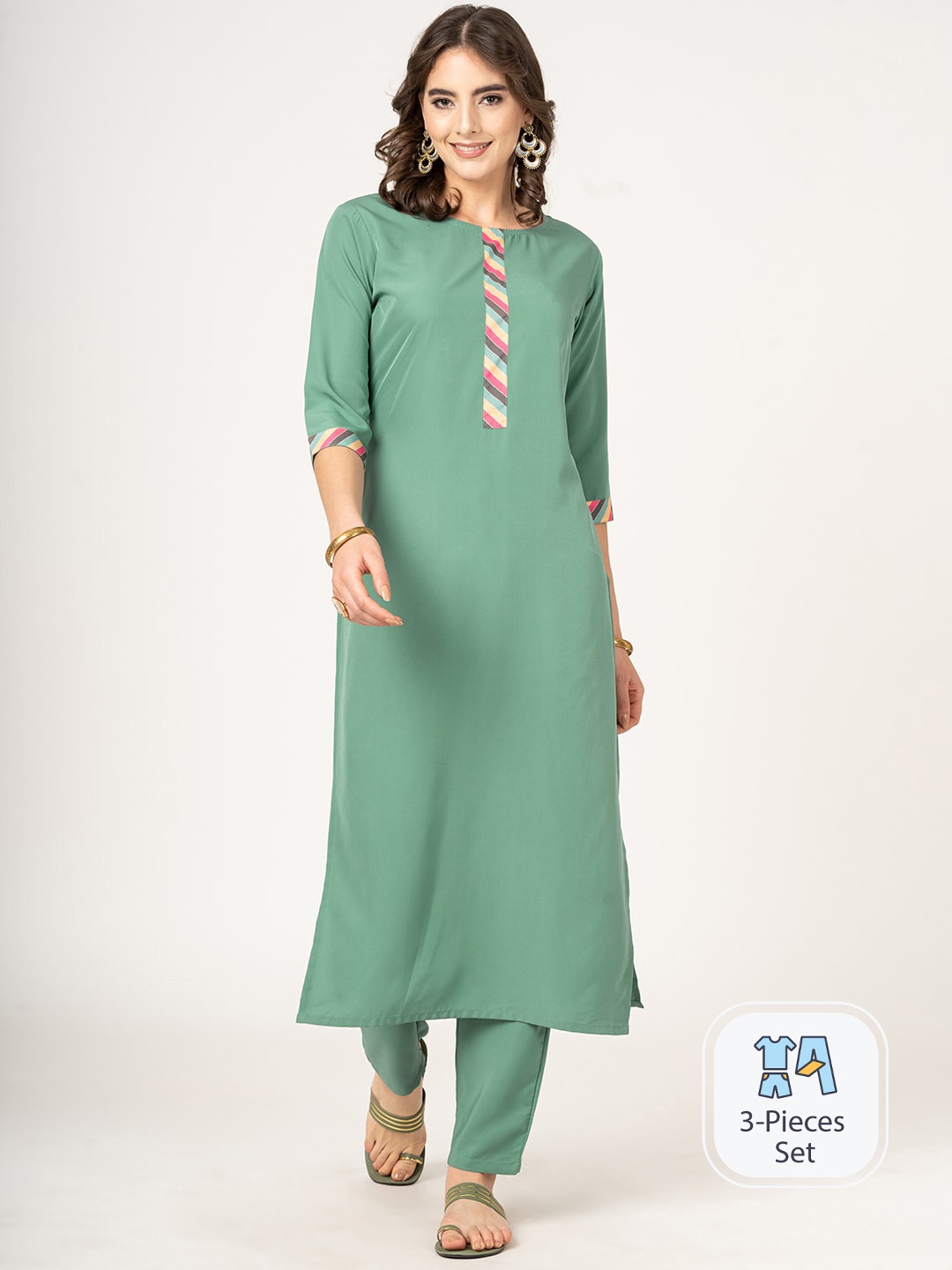 

CLEMIRA Round Neck Straight Kurta & Trousers With Dupatta, Green
