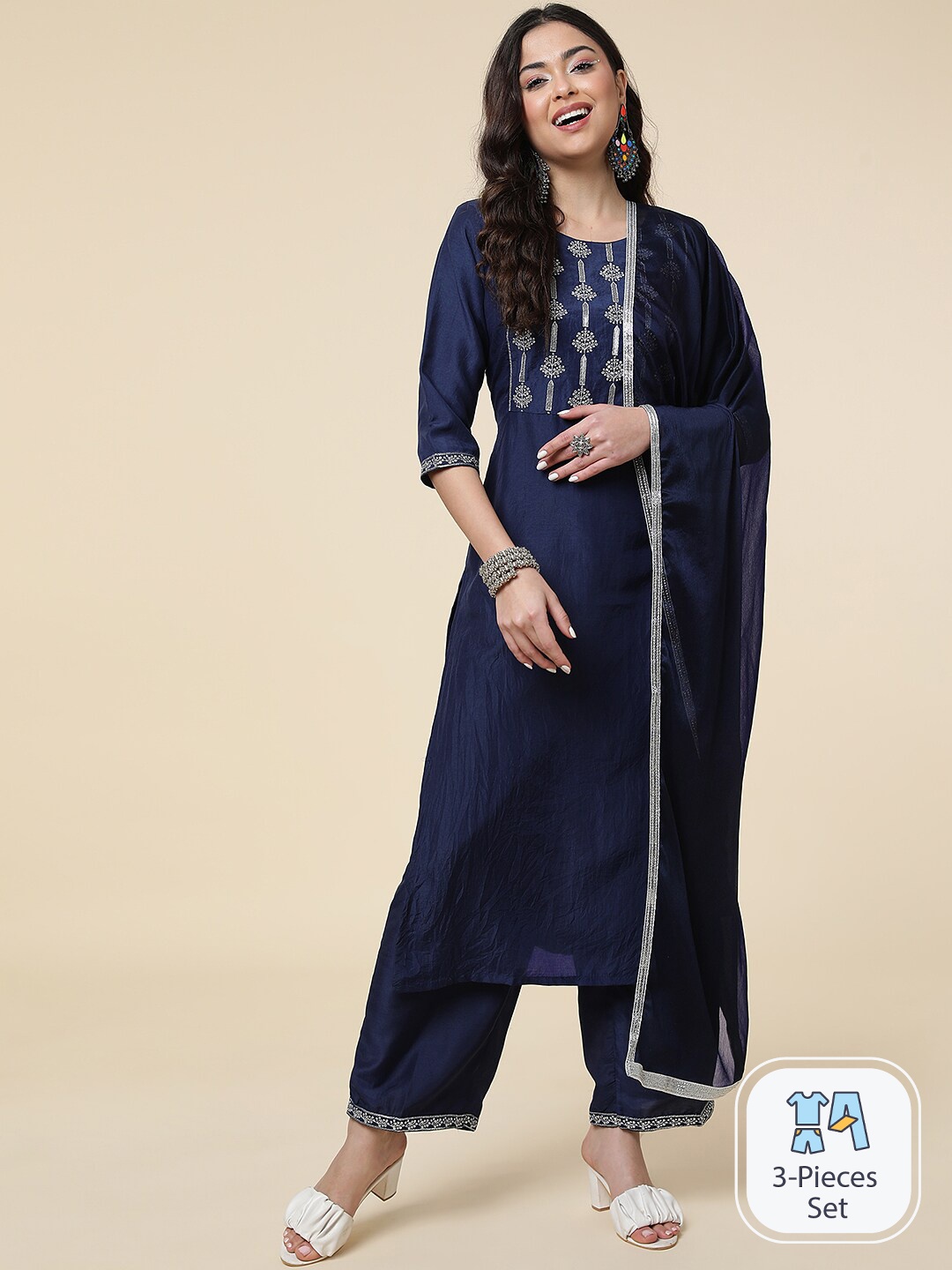 

CLEMIRA Floral Yoke Design Sequinned Silk Chiffon Kurta with Palazzos & Dupatta, Navy blue