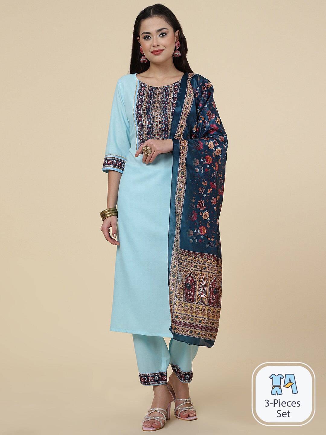 

CLEMIRA Ethnic Motifs Printed Round Neck Gotta Patti Kurta with Trousers & Dupatta, Turquoise blue