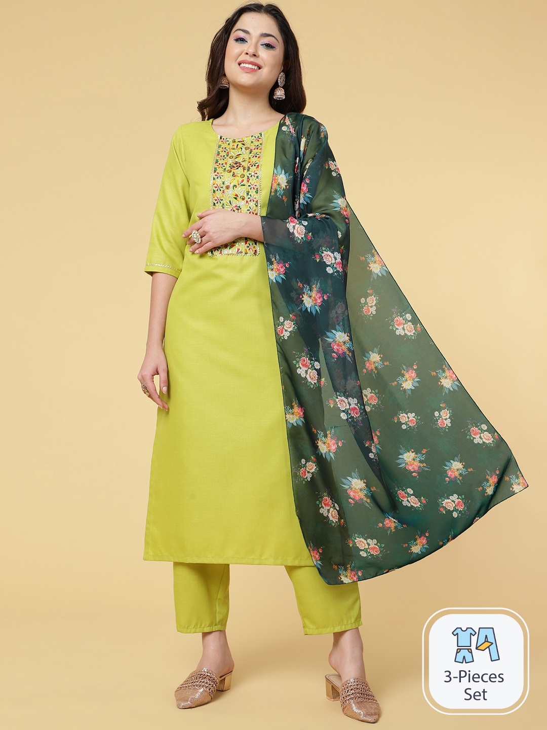 

CLEMIRA Floral Embroidered Yoke Straight Kurta & Trousers With Dupatta, Lime green