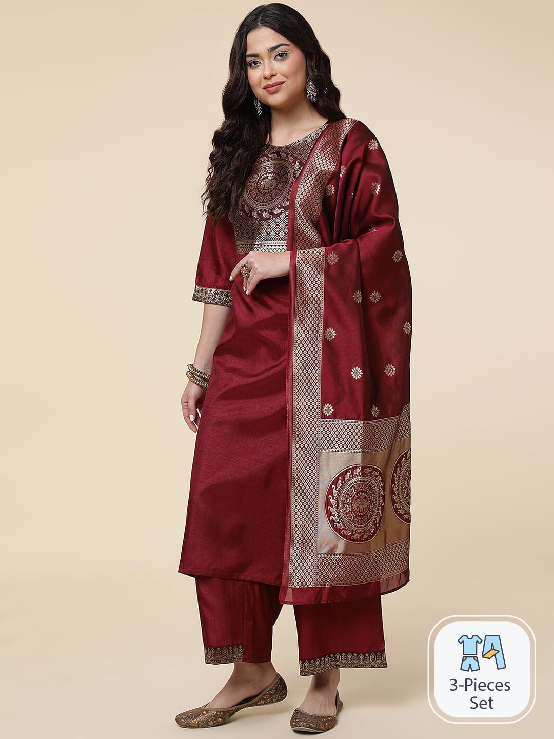 

CLEMIRA Ethnic Motifs Yoke Design Zari Regular Kurta with Palazzos & With Dupatta, Maroon