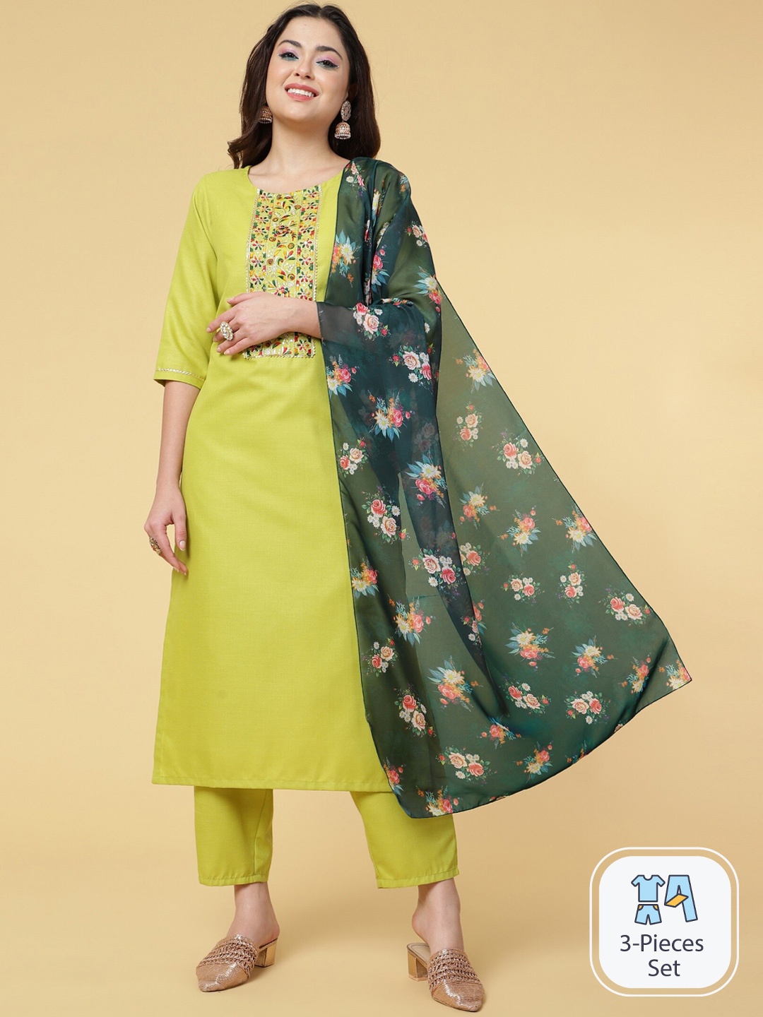 

CLEMIRA Floral Yoke Design Regular Thread Work Kurta with Trousers & Jute Silk Dupatta, Lime green