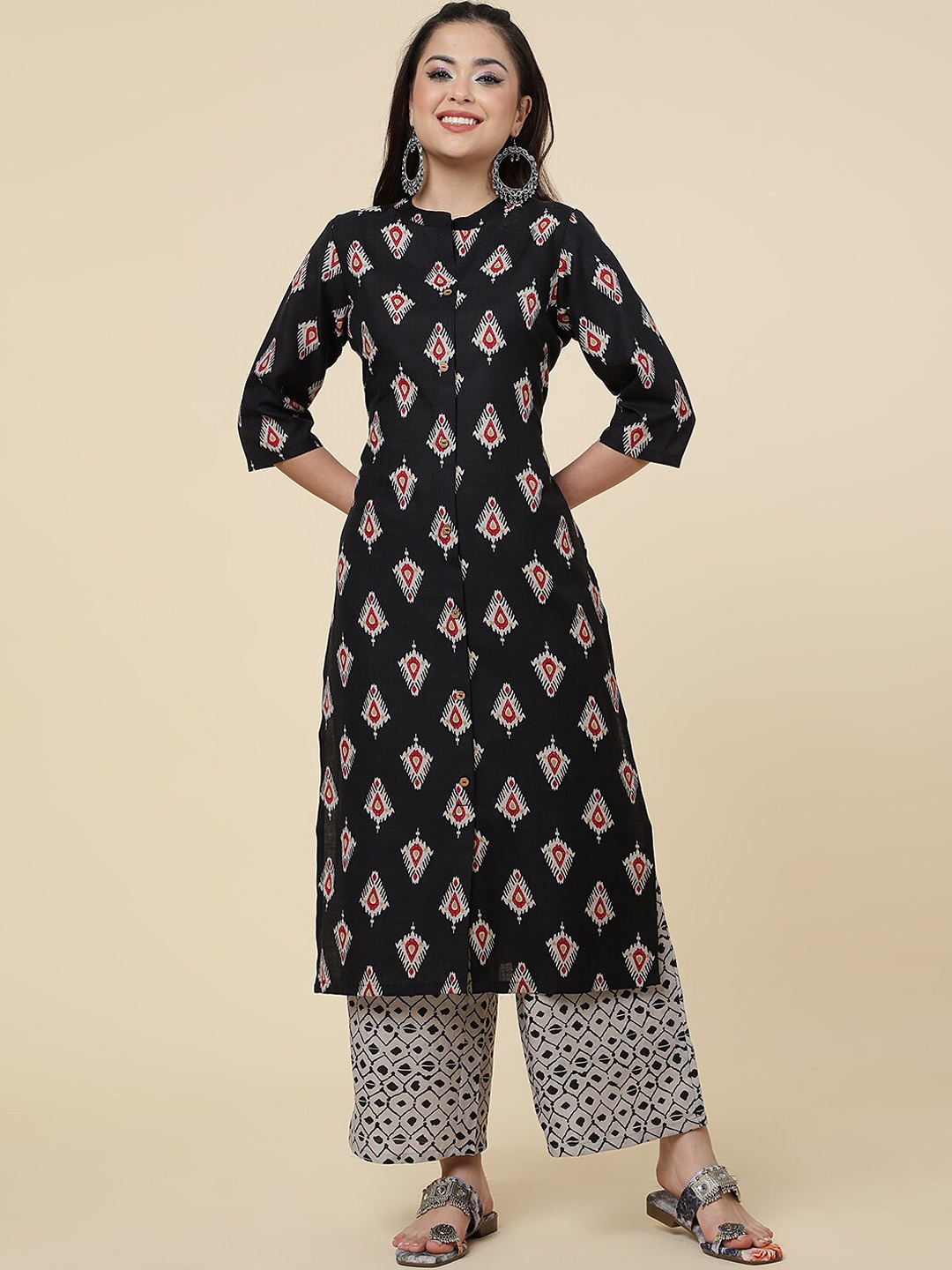 

CLEMIRA Ethnic Motifs Printed Kurta with Palazzos, Grey