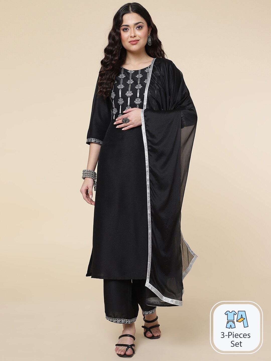 

CLEMIRA Floral Yoke Design Zari Straight Kurta & Palazzo With Dupatta, Black