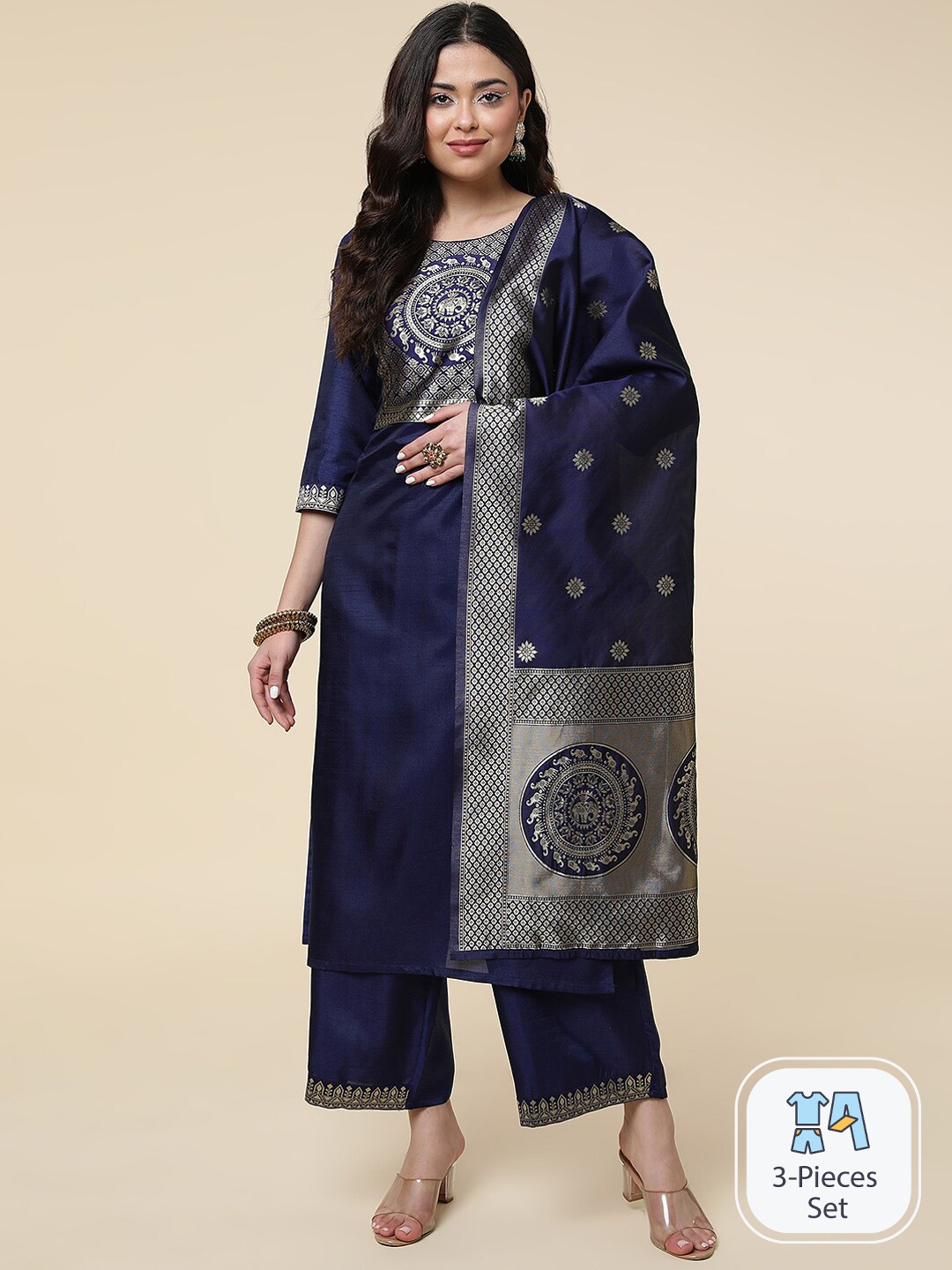 

CLEMIRA Motifs Yoke Design Round Neck Zari Detail Kurta with Palazzos & Dupatta, Navy blue