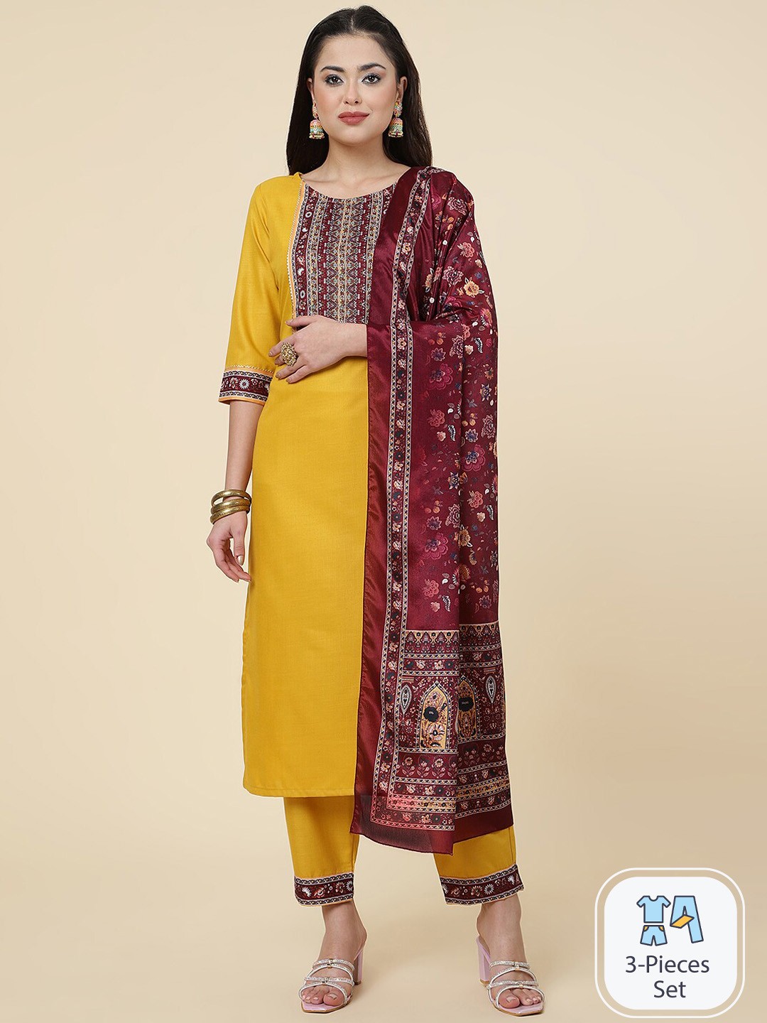 

CLEMIRA Ethnic Motifs Yoke Design Gotta Patti Kurta With Trousers & Dupatta, Mustard