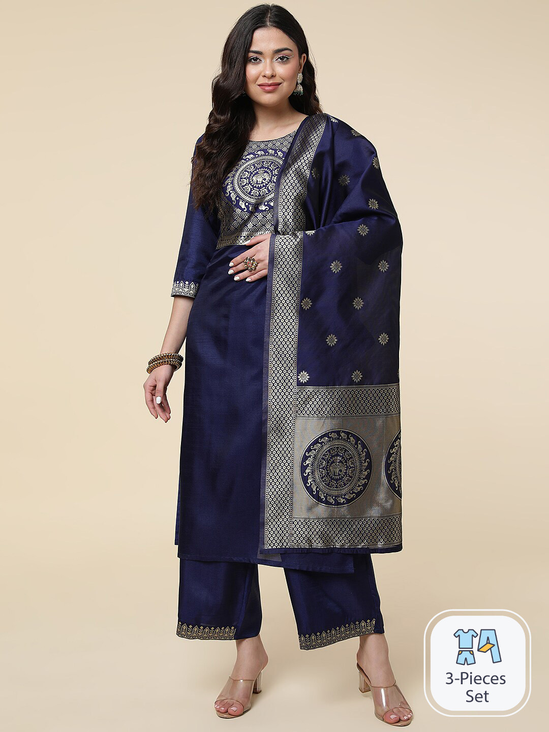 

CLEMIRA Motifs Yoke Design Round Neck Zari Detail Kurta with Salwar & Dupatta, Navy blue