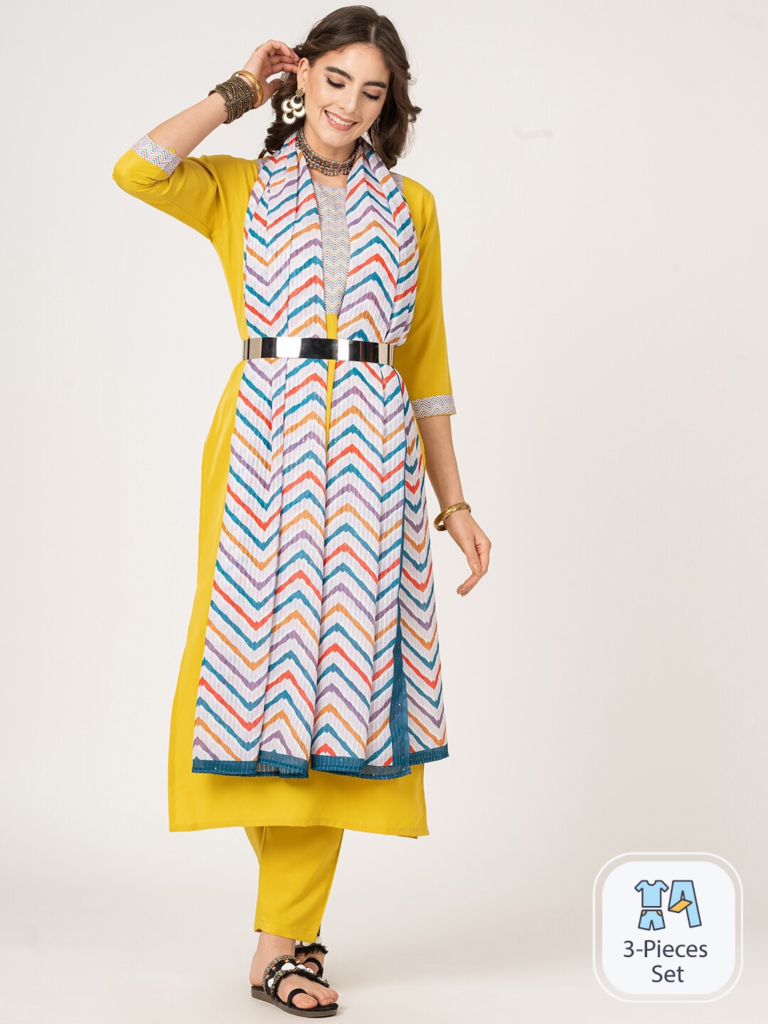 

CLEMIRA Geometric Yoke Design Regular Kurta With Trousers & Dupatta, Yellow