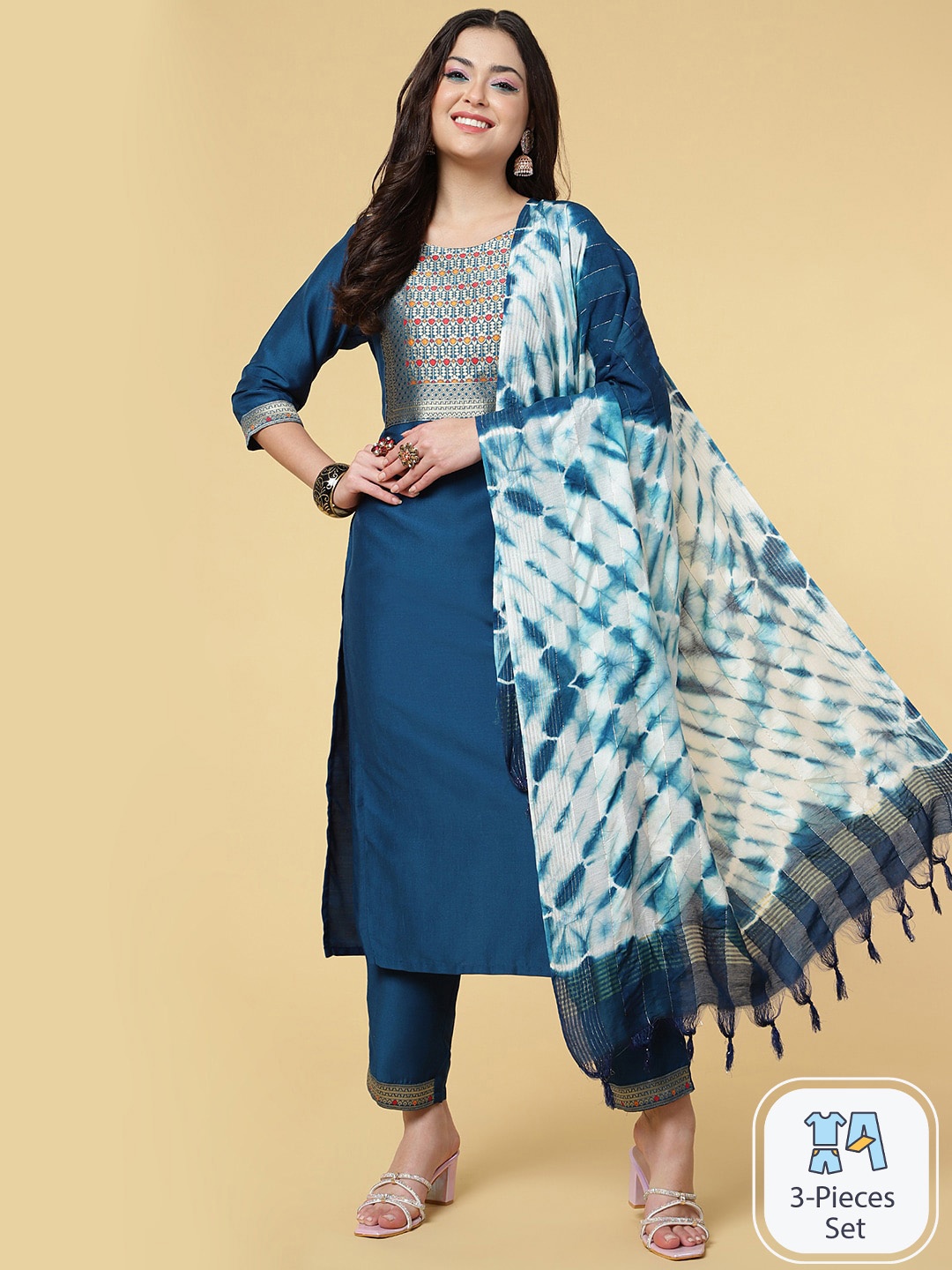 

CLEMIRA Ethnic Motifs Yoke Design Regular Kurta with Trousers & Jute Silk Dupatta, Navy blue