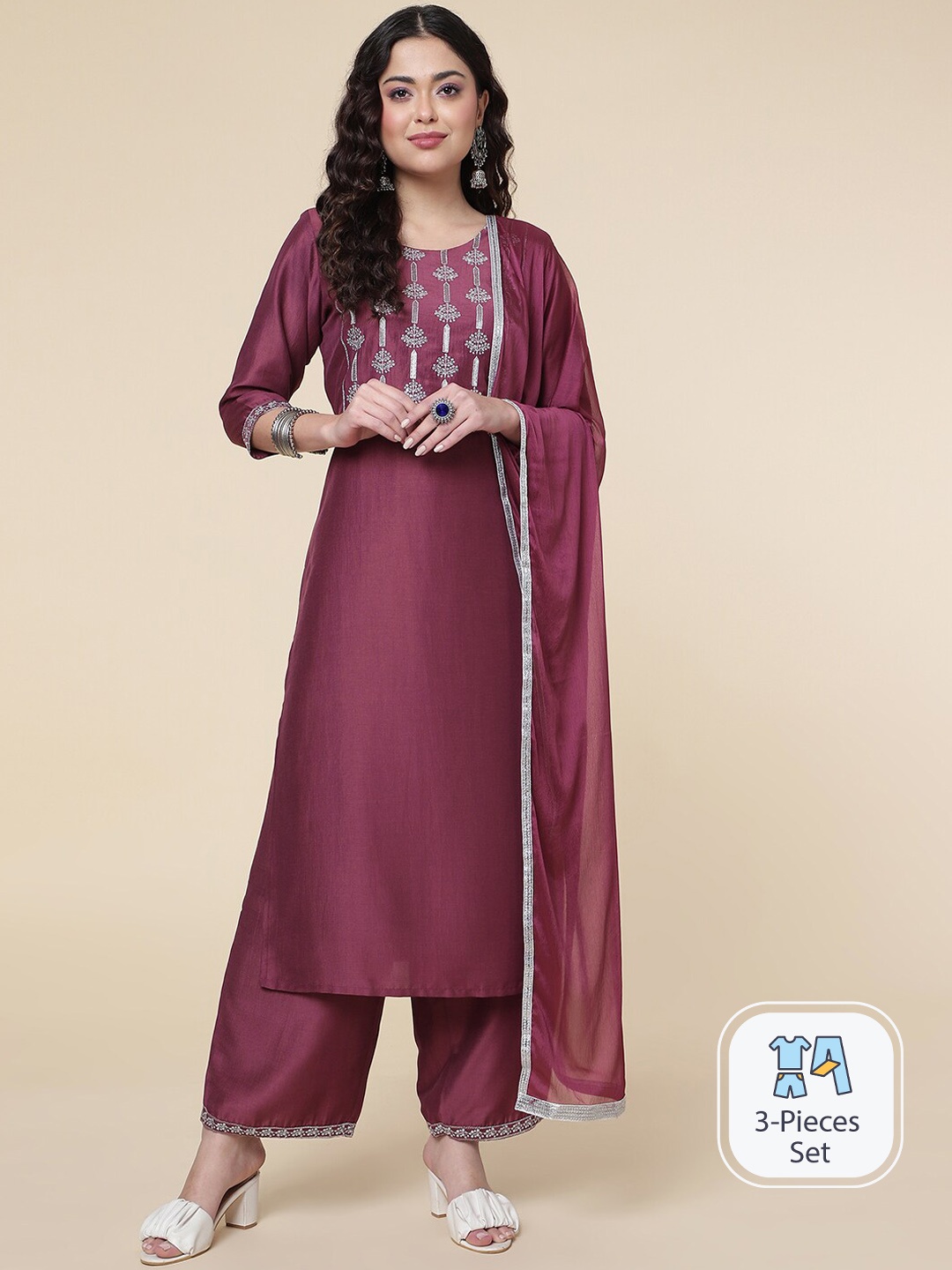 

CLEMIRA Ethnic Motifs Yoke Design Regular Kurta with Trousers & With Dupatta, Maroon