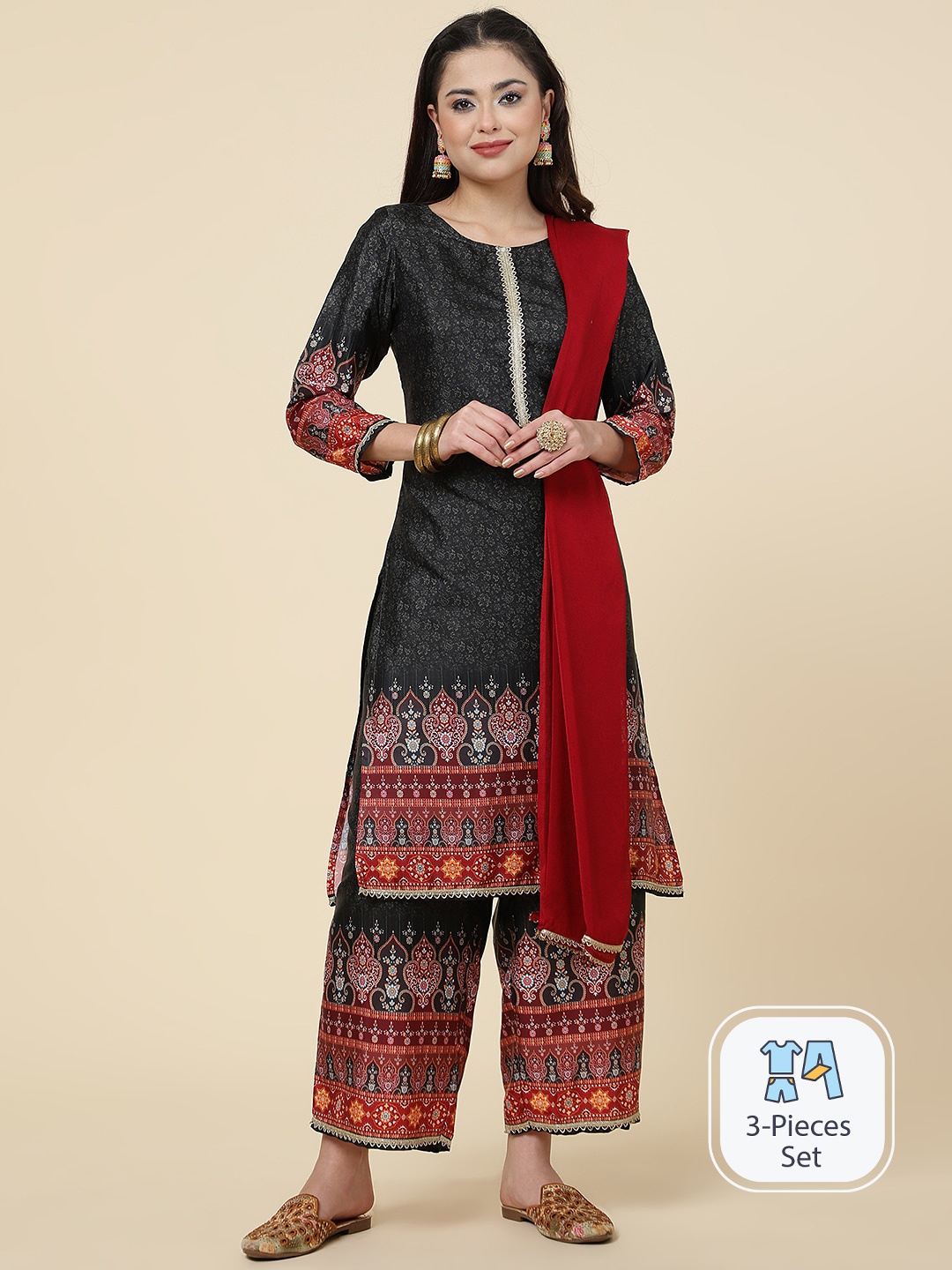 

CLEMIRA Ethnic Motifs Printed Zari Silk Crepe Kurta with Pyjamas & With Dupatta, Black