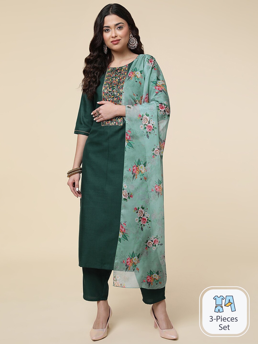 

CLEMIRA Floral Yoke Design Thread Work Kurta With Trousers & Dupatta, Green