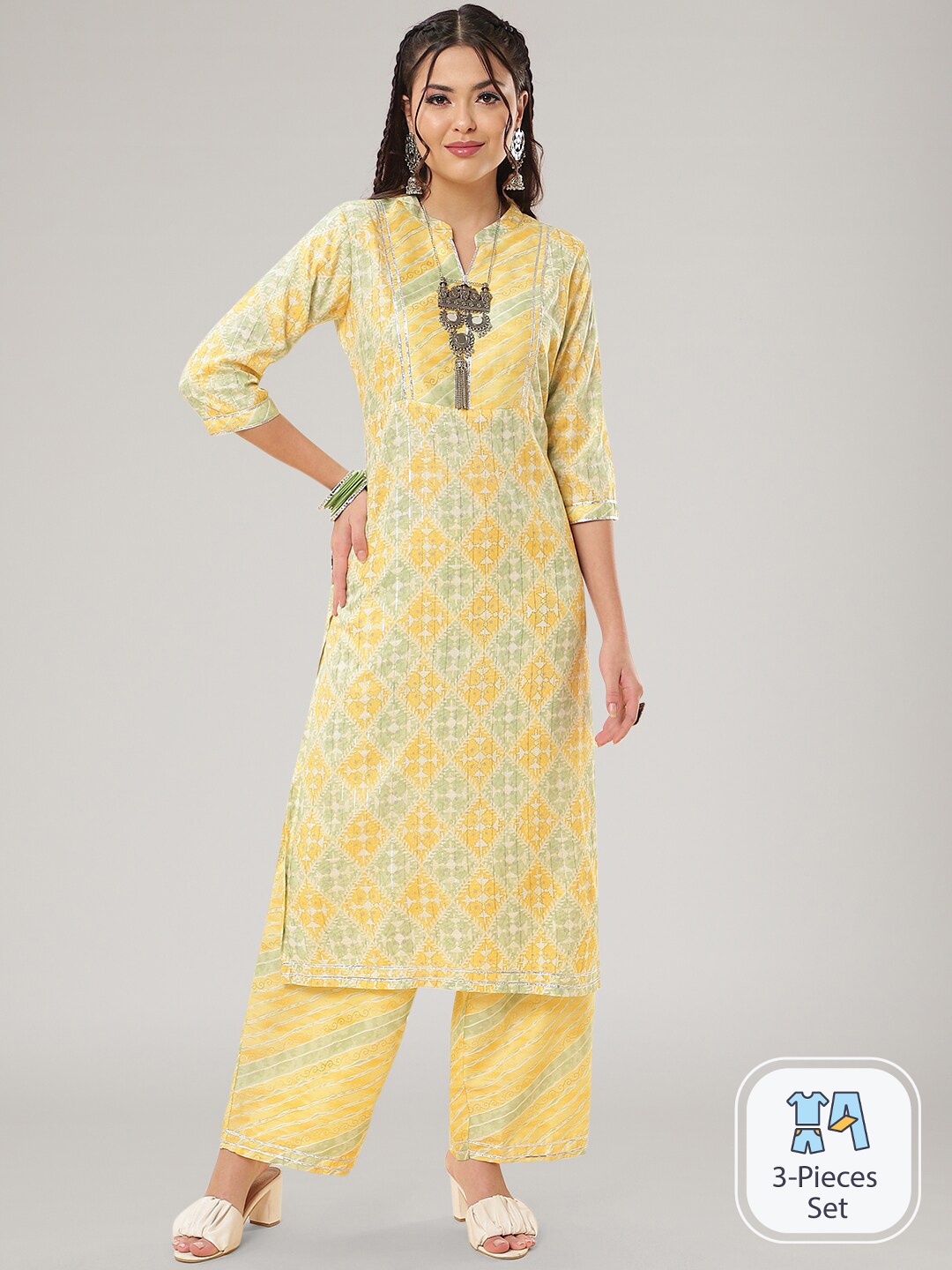 

CLEMIRA Geometric Printed Mandarin Collar Gotta Patti Kurta And Palazzos, Yellow