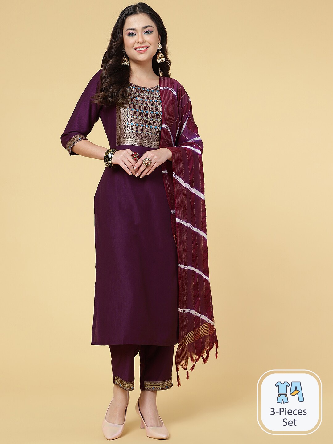 

CLEMIRA Ethnic Motifs Yoke Design Zari Straight Kurta & Trouser With Dupatta, Purple