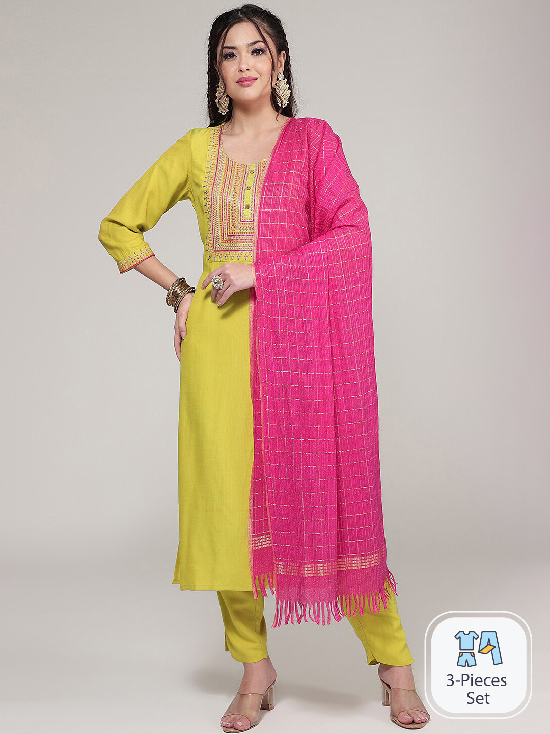

CLEMIRA Ethnic Motifs Yoke Design Embroidered Regular Kurta with Trousers & With Dupatta, Yellow