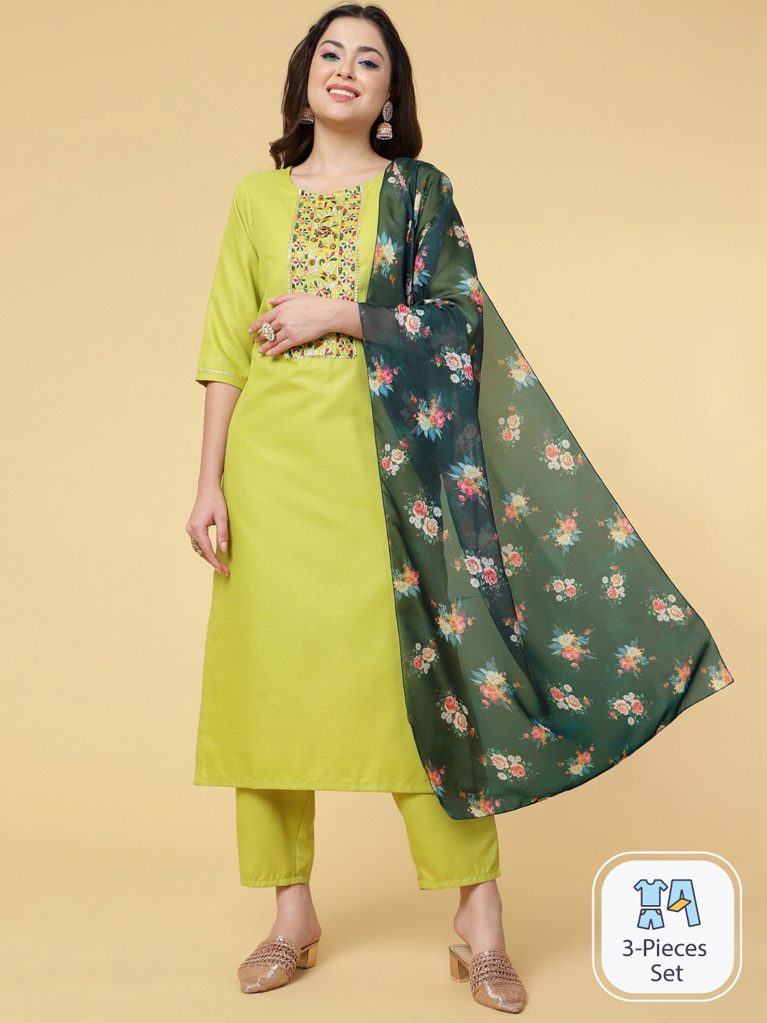 

CLEMIRA Floral Yoke Design Regular Thread Work Kurta with Salwar & With Dupatta, Lime green
