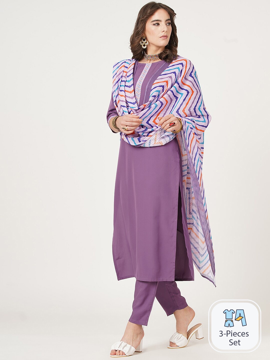 

CLEMIRA Round Neck Straight Kurta With Trousers & Dupatta, Lavender
