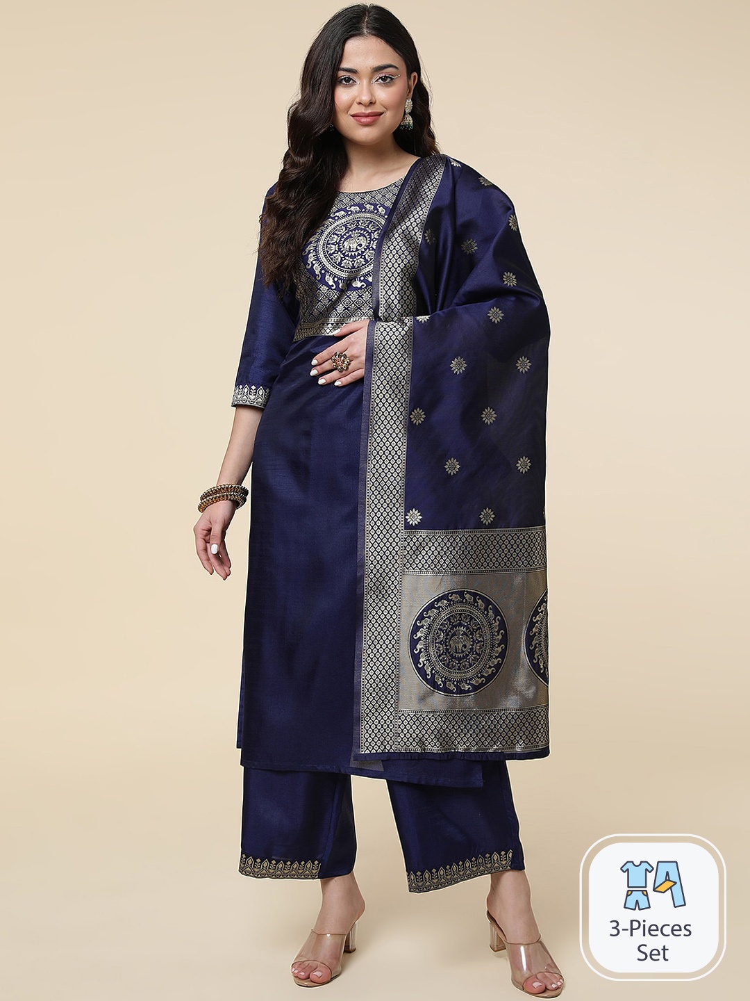 

CLEMIRA Women Ethnic Motifs Woven Design Regular Kurta With Palazzos & Dupatta, Navy blue