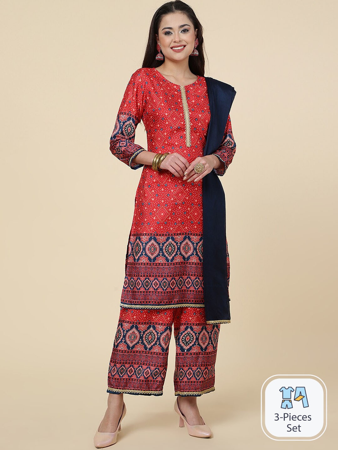 

CLEMIRA Bandhani Printed Regular Gotta Patti Kurta with Salwar & Dupatta, Red