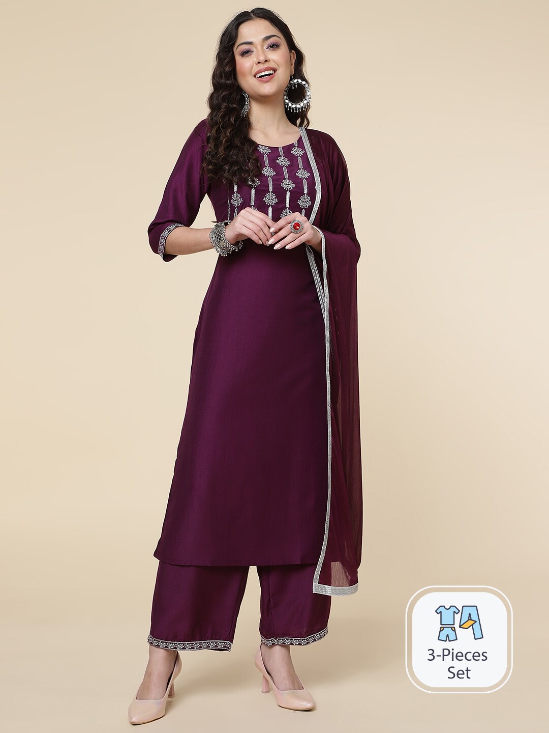 

CLEMIRA Floral Embroidered Silk Chiffon Straight Kurta With Salwar & Dupatta, Purple