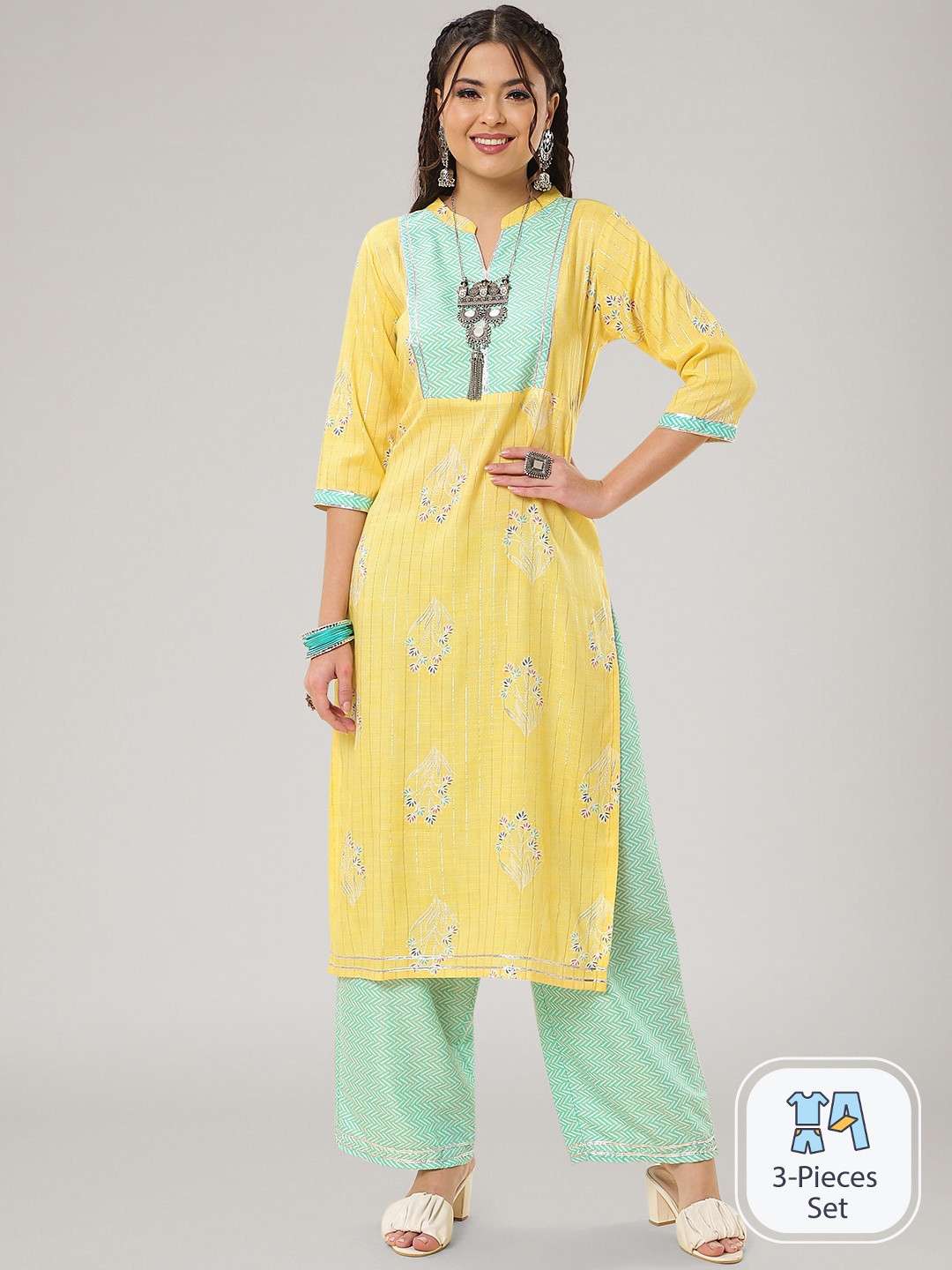 

CLEMIRA Floral Printed Mandarin Collar Gotta Patti Straight Kurta with Palazzos, Yellow