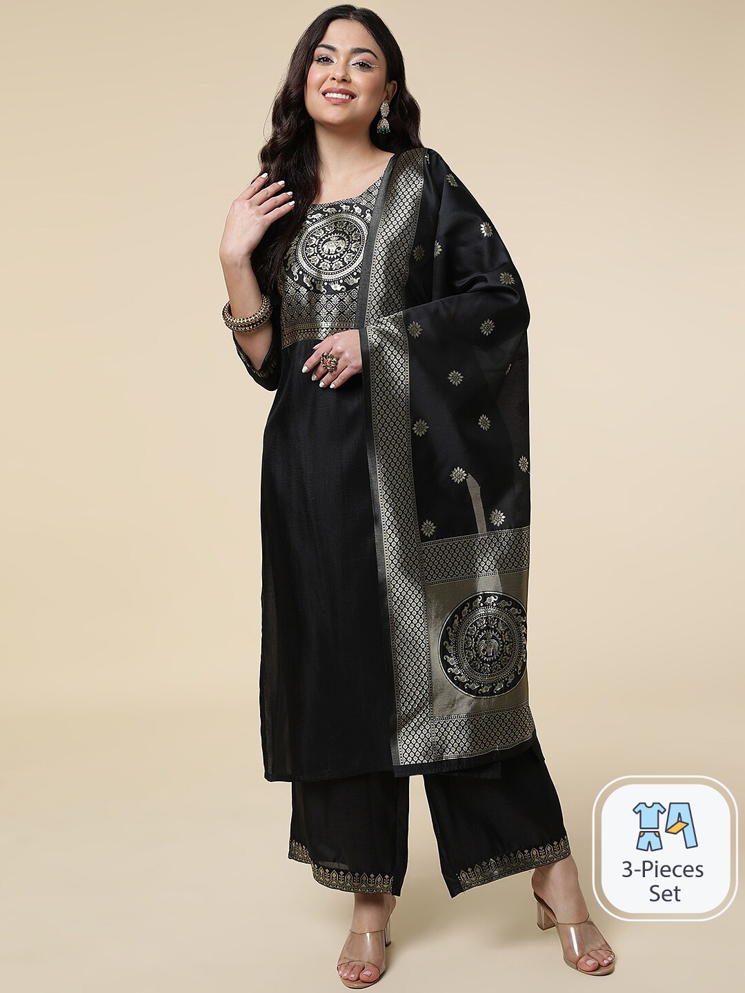 

CLEMIRA Ethnic Motifs Yoke Design Zari Kurta with Palazzos & With Dupatta, Black