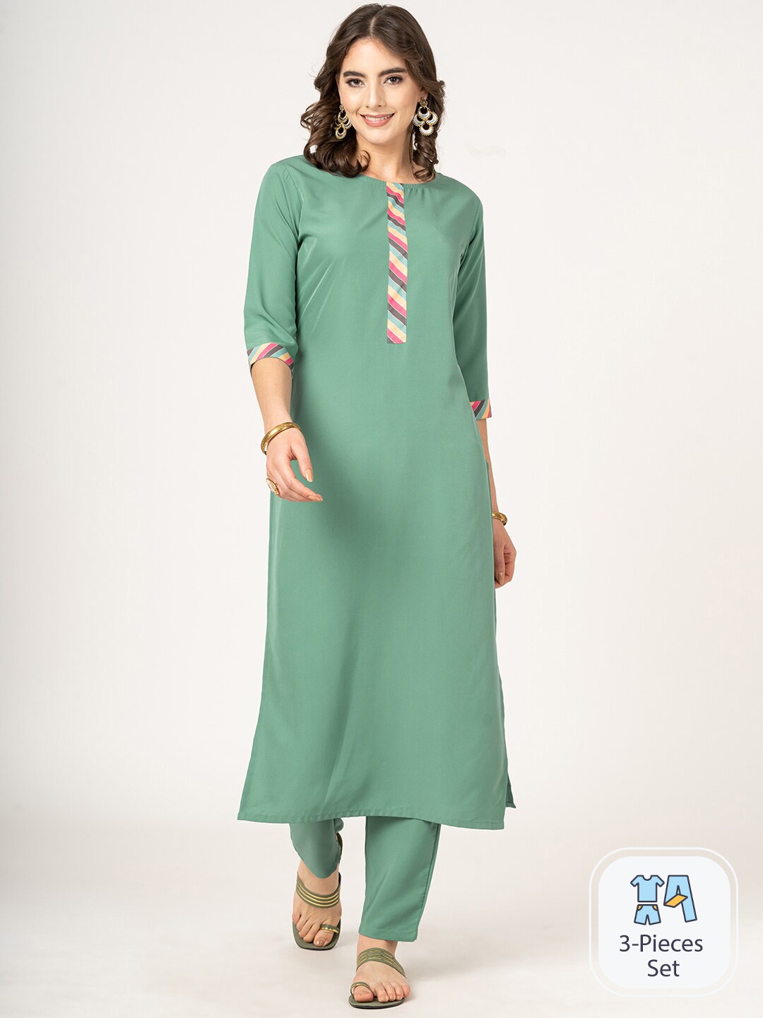 

CLEMIRA Abstract Printed Yoke Design Kurta With Trousers & Dupatta, Green
