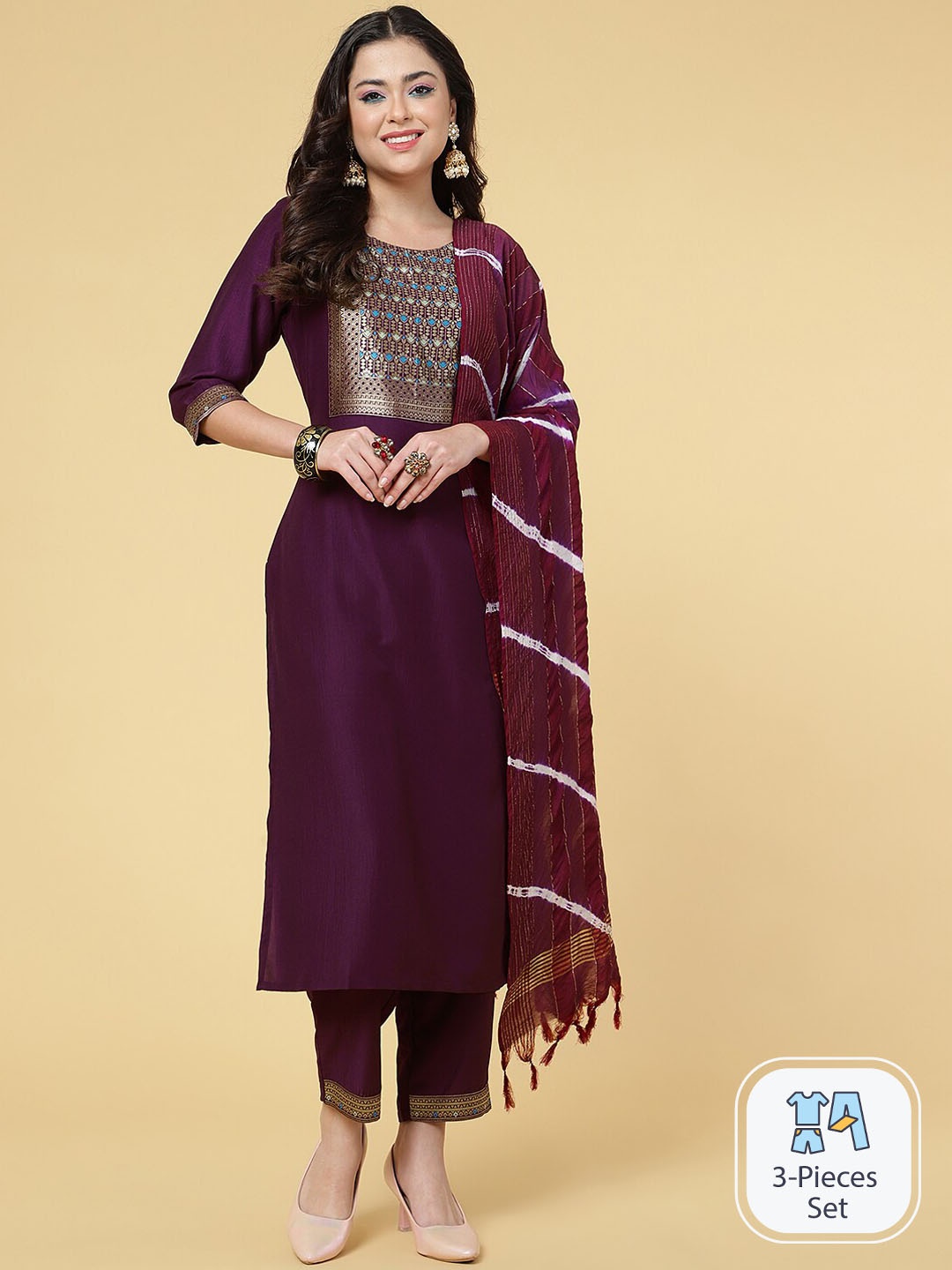 

CLEMIRA Ethnic Motifs Yoke Design Regular Silk Chiffon Kurta with Salwar & With Dupatta, Purple