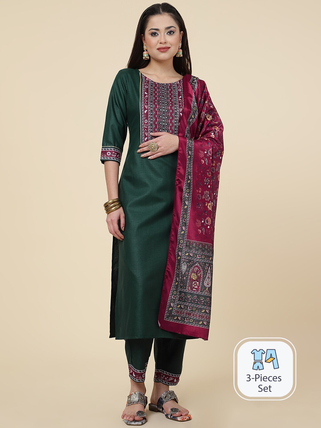 

CLEMIRA Ethnic Motifs Yoke Design Regular Kurta & Salwar With Dupatta, Green