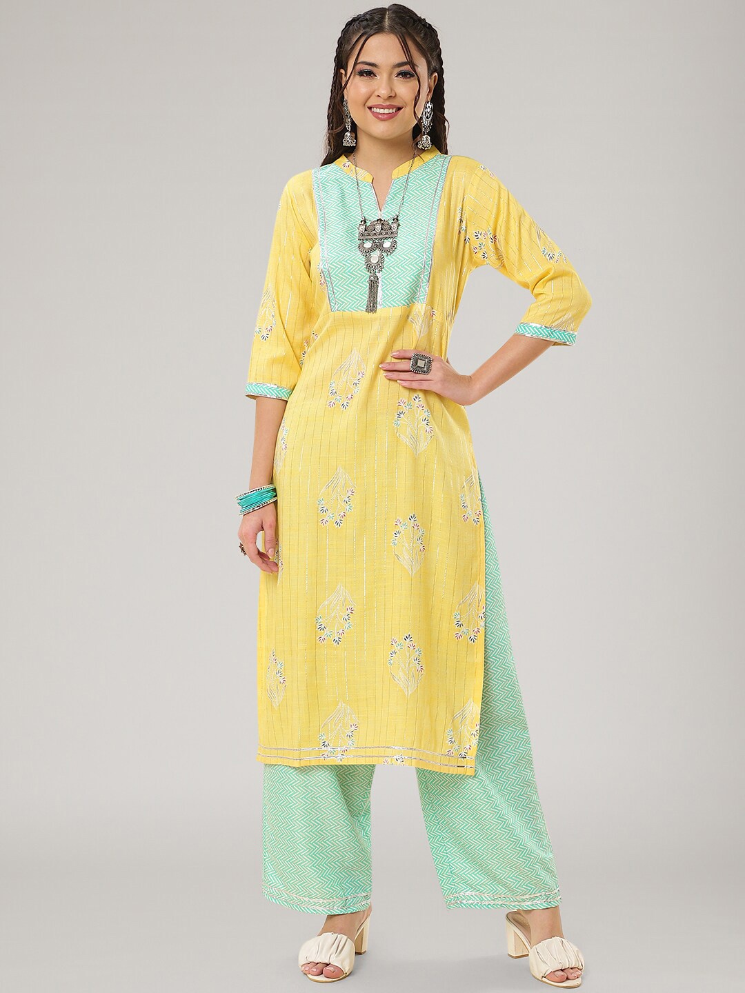 

CLEMIRA Floral Printed Straight Kurta with Palazzos, Mustard