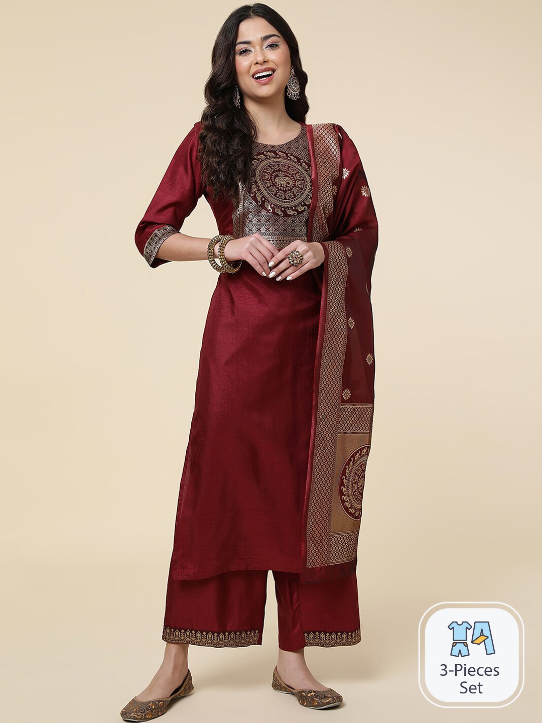 

CLEMIRA Ethnic Motifs Woven Design Kurta With Palazzos & Dupatta, Maroon