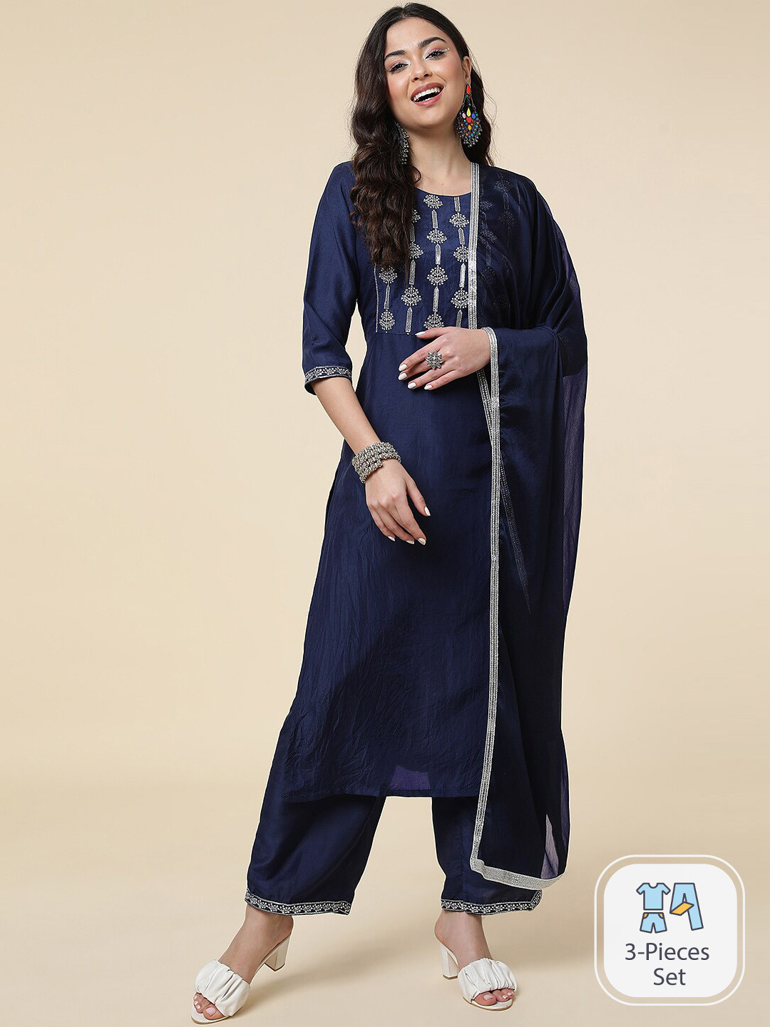 

CLEMIRA Ethnic Motifs Embroidered Regular Thread Work Kurta with Trousers & Dupatta, Navy blue