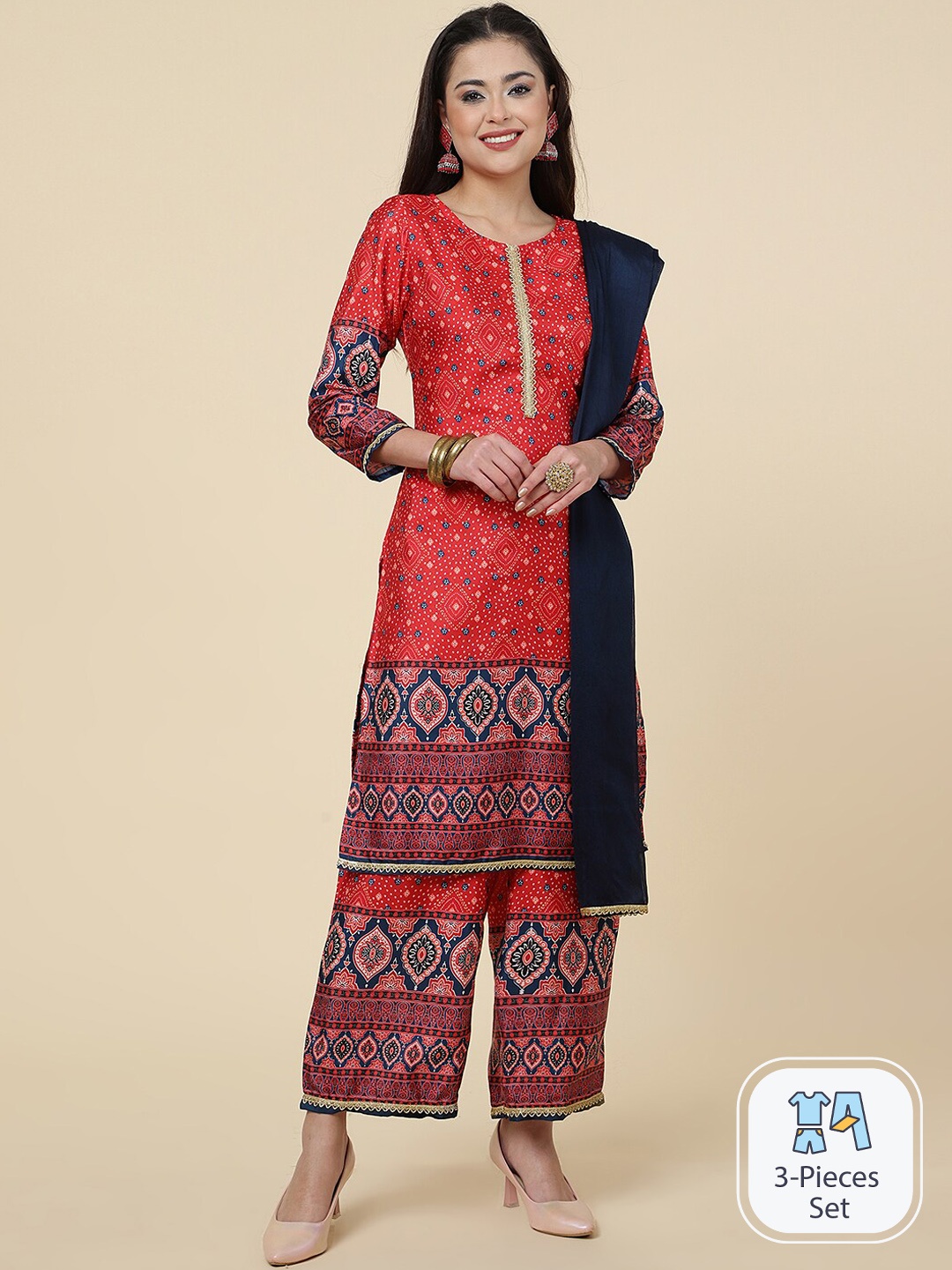 

CLEMIRA Ethnic Motifs Printed Gotta Patti Silk Crepe Kurta with Palazzos & Dupatta, Red